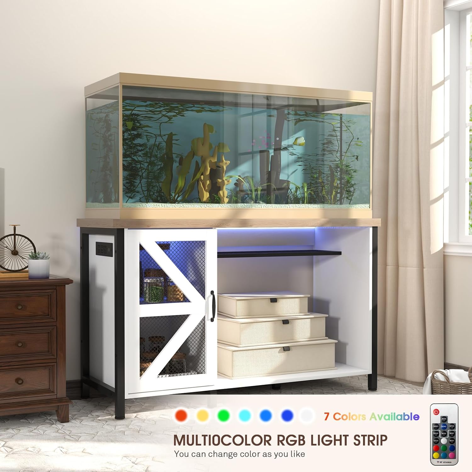 OC Orange-Casual 55-75 Gallon Aquarium Stand with LED Lighting & Power Outlets - Heavy Duty Metal Fish Tank Cabinet with Adjustable Shelves, 1000LB Capacity (White)