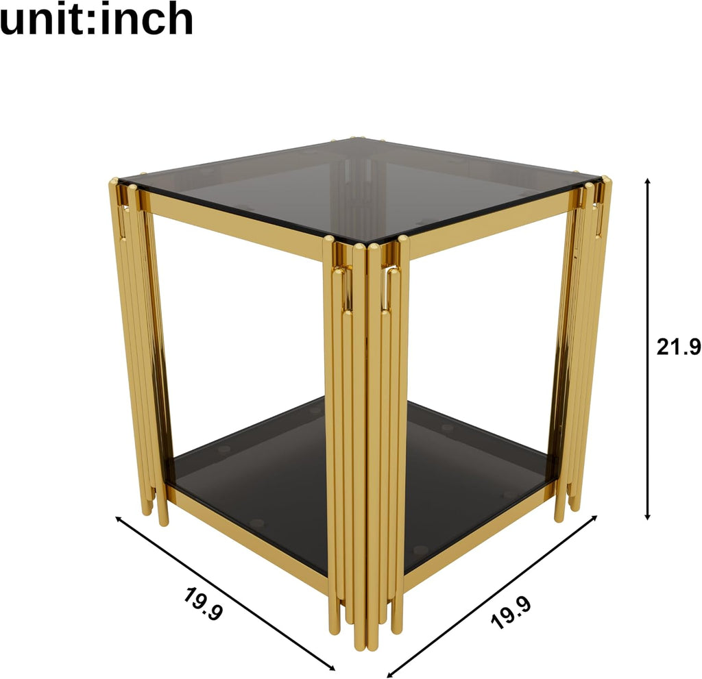 19.9'' Tempered Glass Side Tabel Square End for Living Room, 2-Tier Modern Accent Square Design, Transparent Mirror Tabletop & Metal Drum Base, Easy Assembly, Black & Gold
