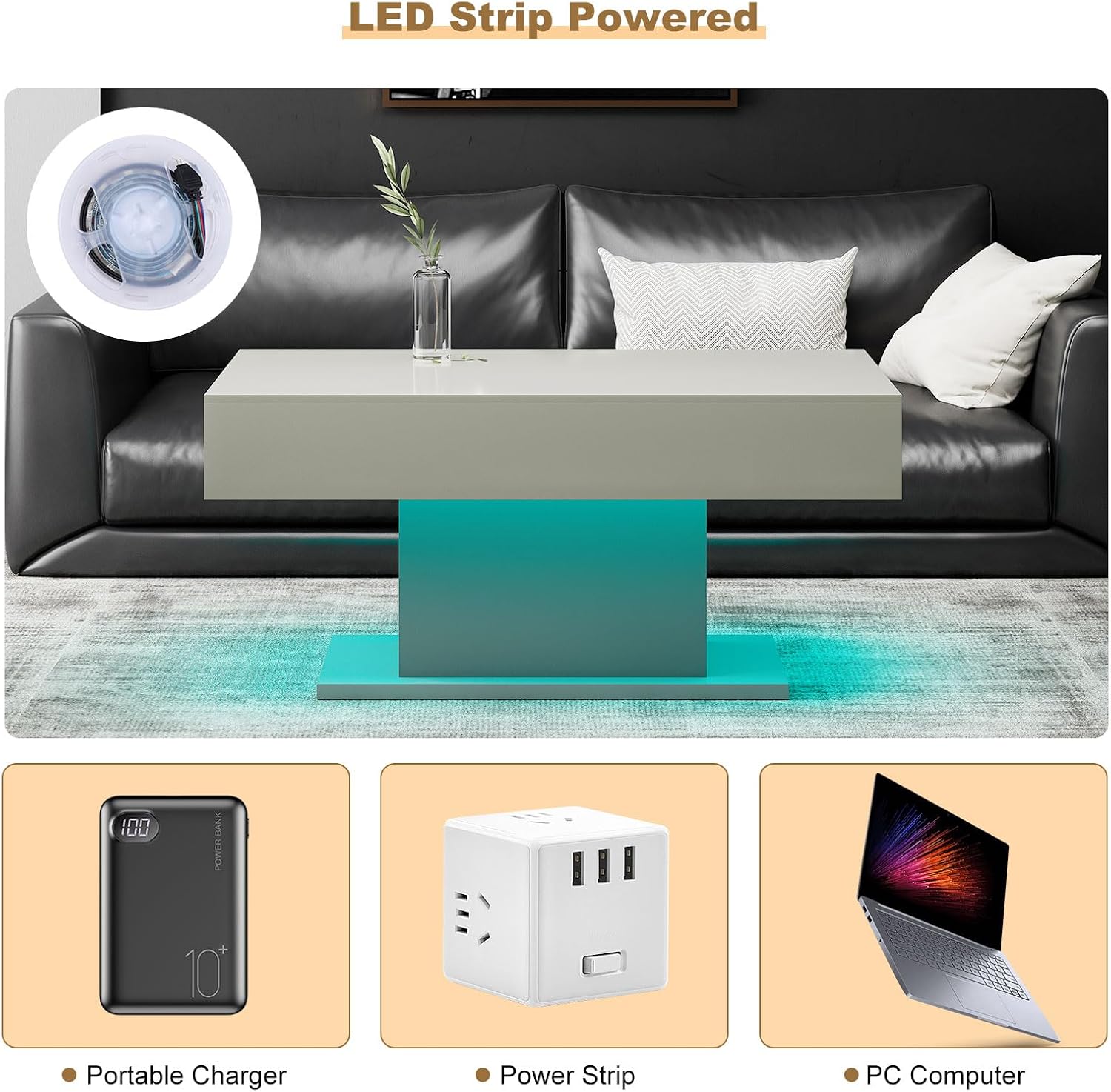 HedoAjim Led Coffee Table for Living Room, Living Room Table Rectangular Center Table, Modern High Glossy Wooden Coffee Tables with 16 Colors LED Lights for Dining Reception Room, Grey