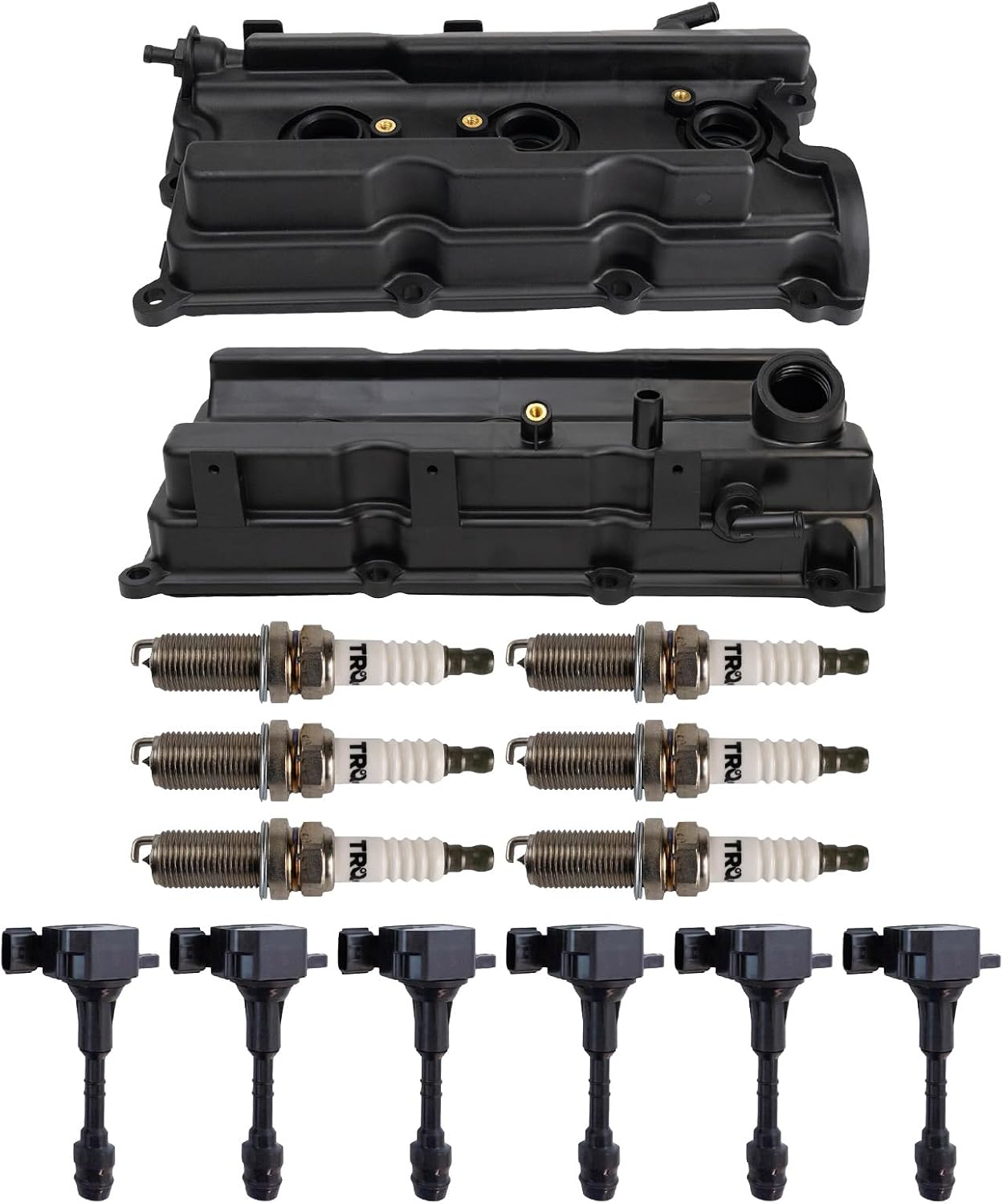 TRQ Ignition Coil and Spark Plug Kit 14 Piece Iridium Spark Plugs Valve Cover Compatible with 2005-2019 Nissan Frontier 2012-2018 NV1500 NV2500 NV3500 2005-2012 Pathfinder 2005-2015 Xterra
