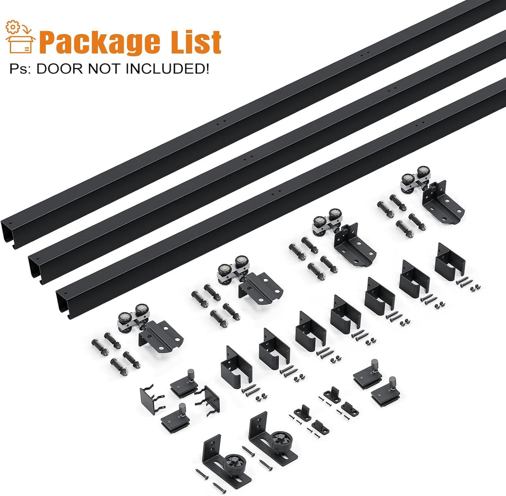 Easelife 12FT Exterior Sliding Barn Door Hardware Kit, Box Rail Track, 450lb Capacity, Black Weather-Resistant Steel, Wall Mount System for Outdoor Use, Fit Double 36in Door