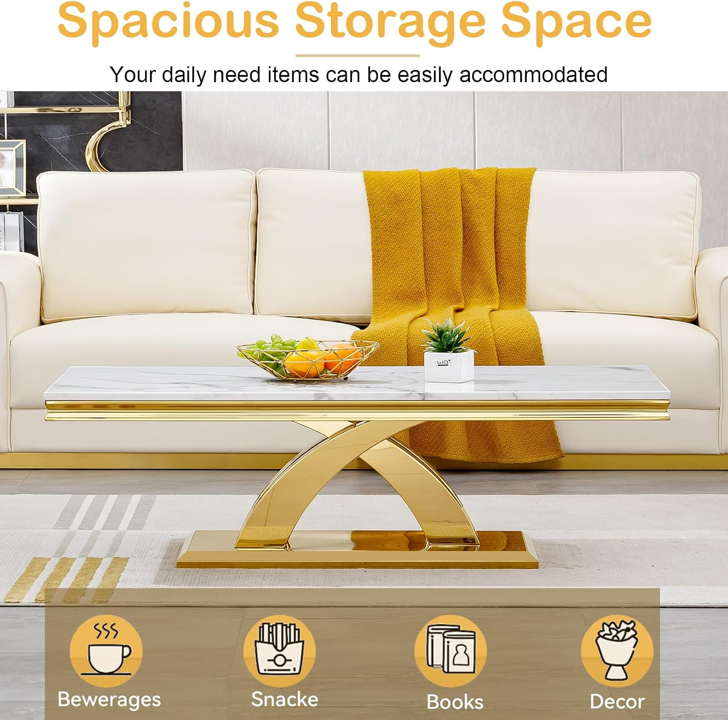 Modern Rectangle Coffee Table, 47-inch Coffee Tables for Living Room, White Faux Marble Coffee Table Accent Cocktail Table with Gold Stainless Steel X-Shape Frame for Home Office