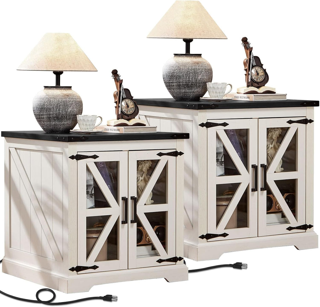 Joaxswe 24' End Table Set of 2 with Charging Station, Farmhouse Night Stand with Glass Barn Door, Nightstands with Adjustable Storage Shelf, Large Wood Square Bed Side Table for Living Room,Bedroom