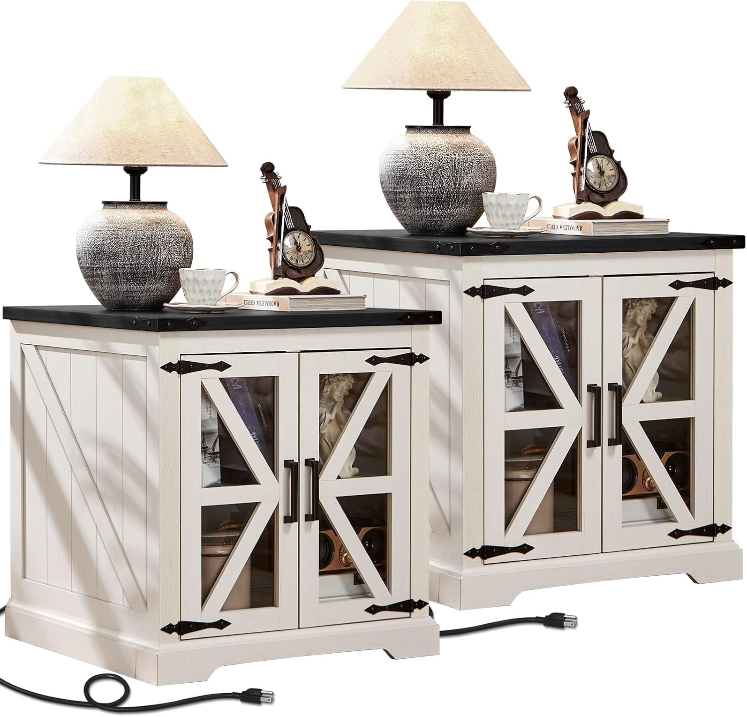 Joaxswe 24' End Table Set of 2 with Charging Station, Farmhouse Night Stand with Glass Barn Door, Nightstands with Adjustable Storage Shelf, Large Wood Square Bed Side Table for Living Room,Bedroom