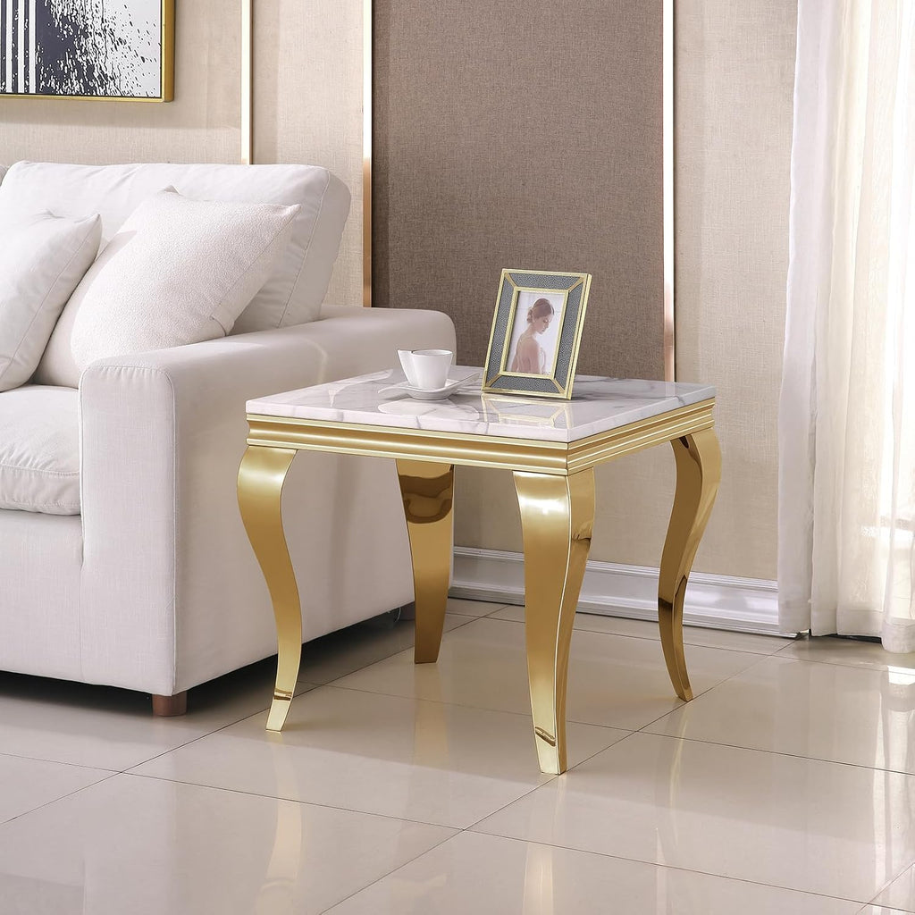 White Marble Coffee Table Set of 3, Modern Faux Marble Coffeee Table and 2 End Side Table, Luxury 3 Piece Living Room Table Set with Gold Stainless Steel S-Shape Legs for Apartment Home Office