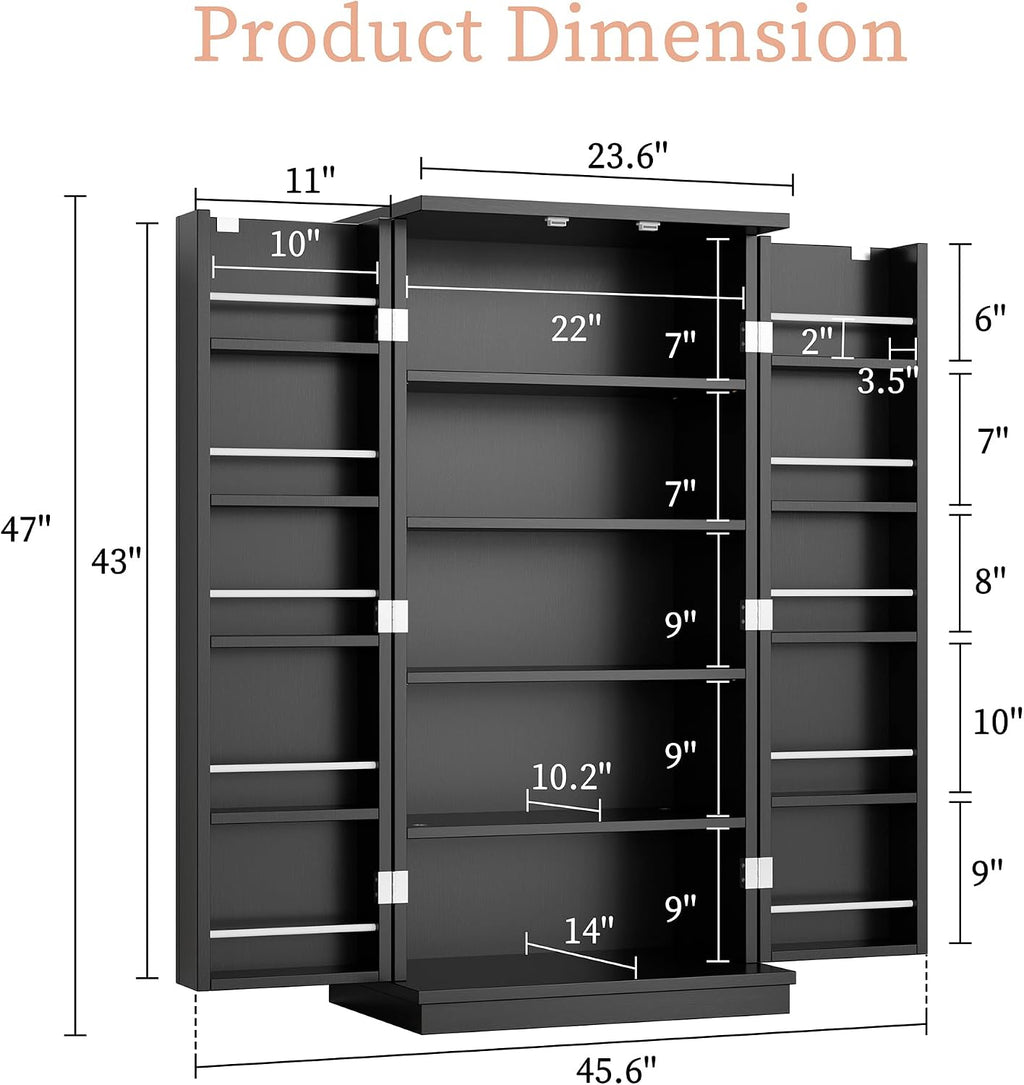 Pantry Cabinet, 47in Wooden Kitchen Storage Pantry Cabinet, Freestanding Storage Cabinets with 2 Doors, Adjustable Shelves, Black