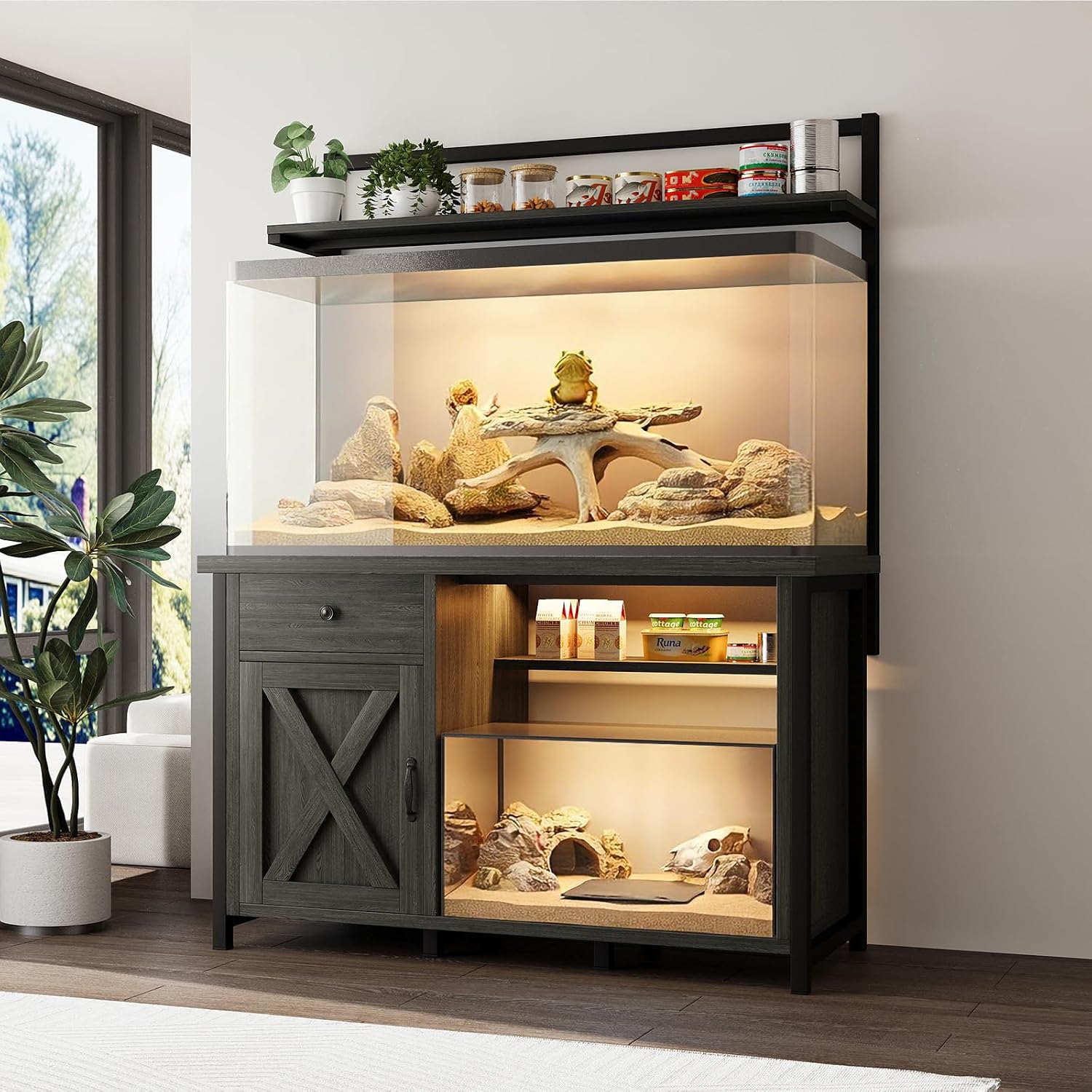 Reptile Tank Stand with Power Outlet, Terrarium Stand with Storage Cabinet, 49' X 20' Tabletop, Aquarium Stand with LED Lights, Reptile Terrarium,Turtle Tank (Gray)