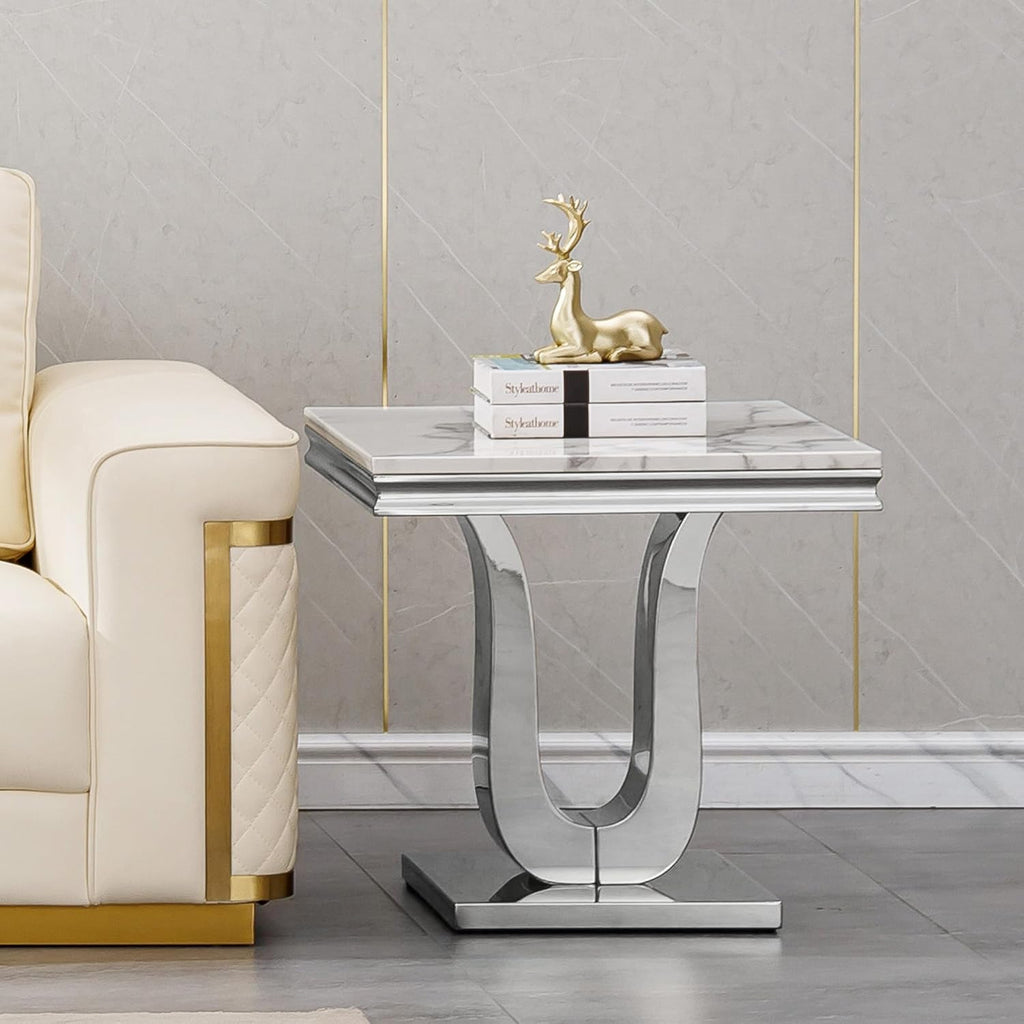 3 Pieces Coffee Table Set, Faux Marble Living Room Table Set of 3, Modern Coffee Table and 2 End Tables with U-Shaped Stainless Steel Base for Living Room (White Silver)