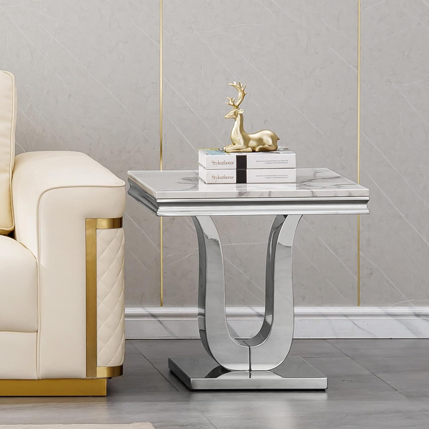 3 Pieces Coffee Table Set, Faux Marble Living Room Table Set of 3, Modern Coffee Table and 2 End Tables with U-Shaped Stainless Steel Base for Living Room (White Silver)