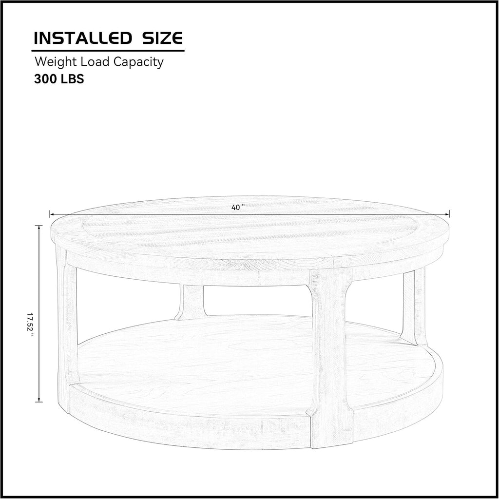 40' Round Coffee Table with Wheels, 2 Tier Solid Wood Center Coffee Tables, Retro Farmhouse Circle End Table for Living Room Apartment Office (Dark Brown)