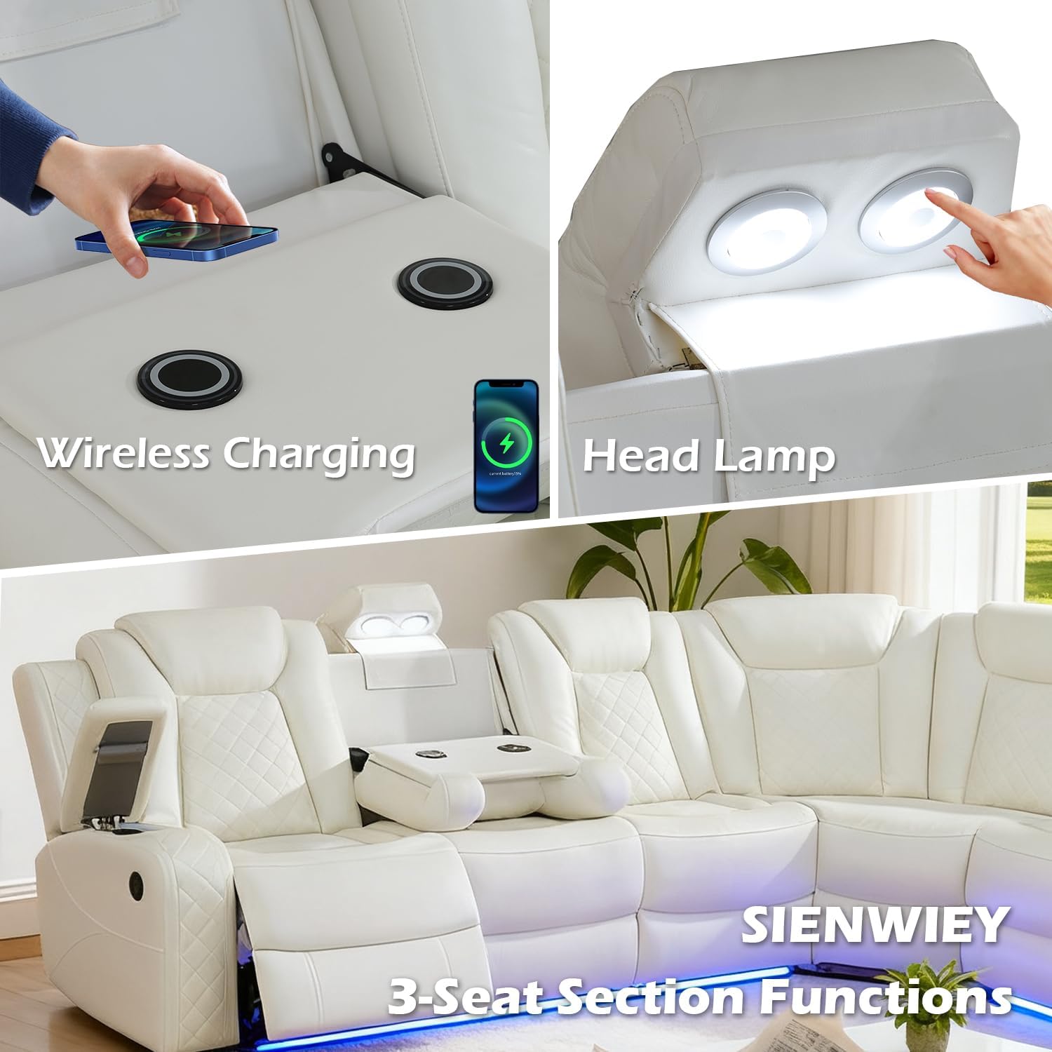 Leather Power Recliner Sectional Sofa Set with LED Light,L Shaped Leather Couch Set with Chair*2,Modular Corner Sofa with USB Ports for Living Room Furniture(White, Sectional+Chair*2)