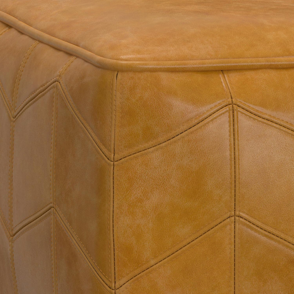 SIMPLIHOME Morden Square Pouf - 18 inch Wide Upholstered Genuine Leather Ottoman in Brown, Contemporary Footstool or Extra Seating for Living Room or Bedroom with Chevron Pattern, Assembled
