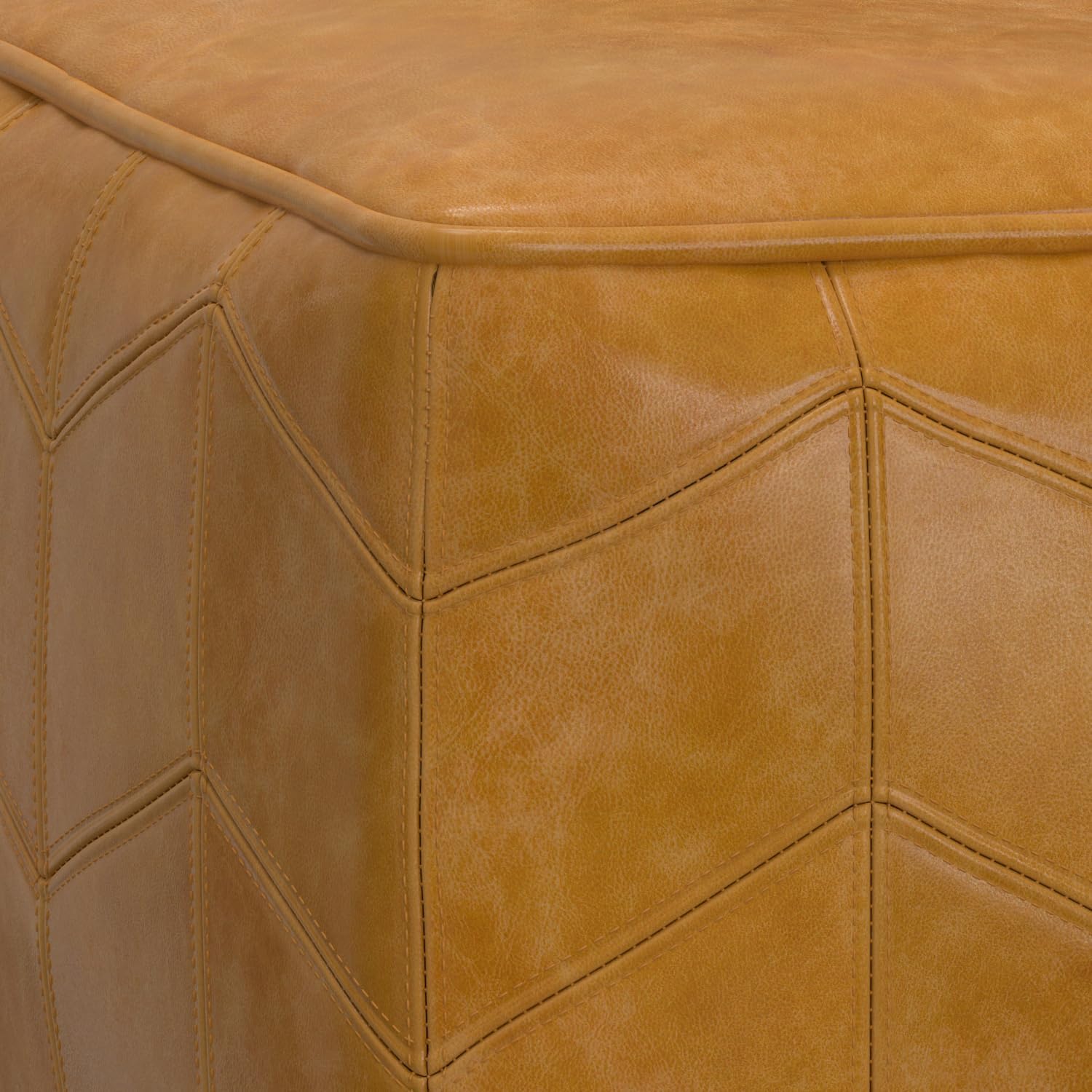 SIMPLIHOME Morden Square Pouf - 18 inch Wide Upholstered Genuine Leather Ottoman in Brown, Contemporary Footstool or Extra Seating for Living Room or Bedroom with Chevron Pattern, Assembled