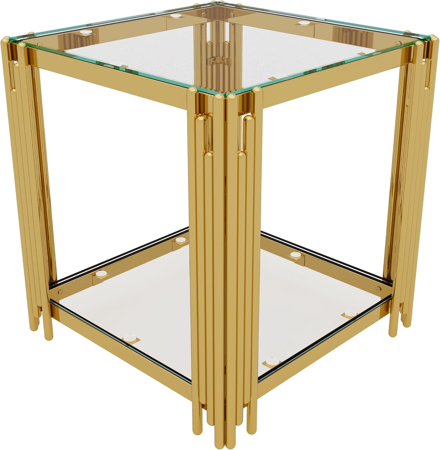 19.9'' Tempered Glass Side Tabel Square End for Living Room, 2-Tier Modern Accent Square Design, Transparent Mirror Tabletop & Metal Drum Base, Easy Assembly, Transparent & Gold