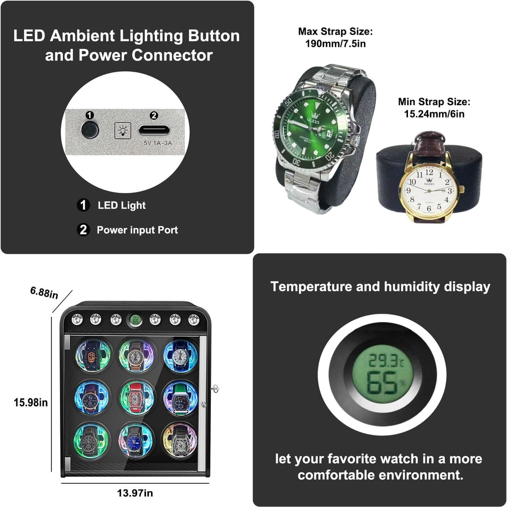 Watch Winder for Automatic Watches, Watch Winders Box 1/2/4/6/9 Slot for Rolex,Silent Motor, 4 Rotation Mode Setting,Built-in led Lights,Gift for Man