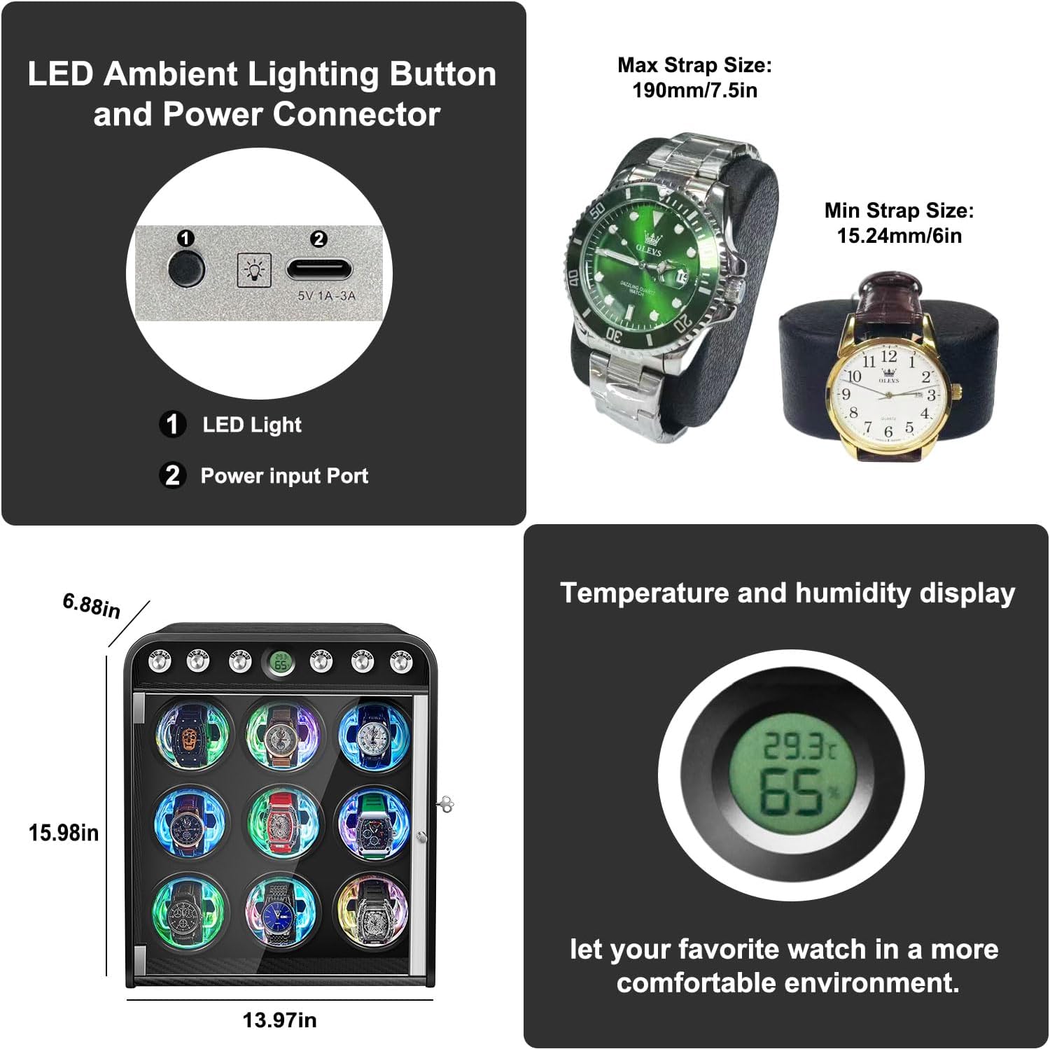 Watch Winder for Automatic Watches, Watch Winders Box 1/2/4/6/9 Slot for Rolex,Silent Motor, 4 Rotation Mode Setting,Built-in led Lights,Gift for Man