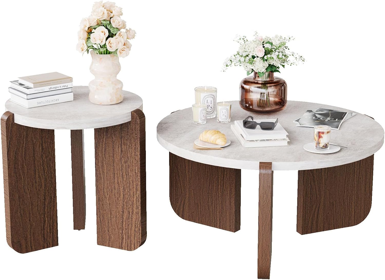HOMPUS Modern Coffee Table Set of 2, Round Faux Marble Coffee Table and End Table Set, Farmhouse Living Room Table Set with Wooden Legs for Apartment, Small Space, Home Office