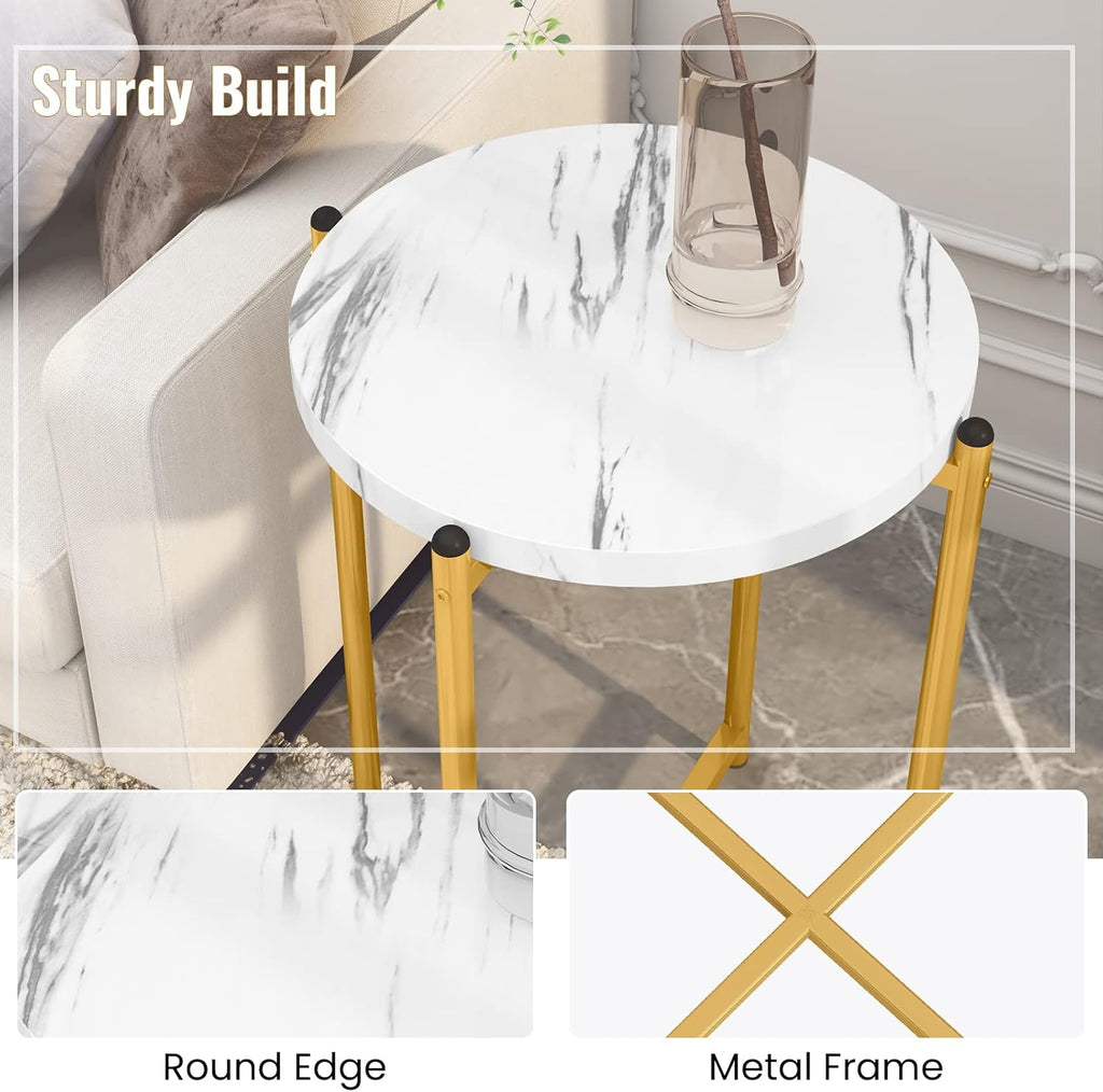 Lamerge 3pcs Living Room Table Set, Faux Marble Coffee Table with Round End Side＆Console Table, Modern White Coffee Table Set with Gold Metal Frame for Home Living Room Office Entryway, Round End