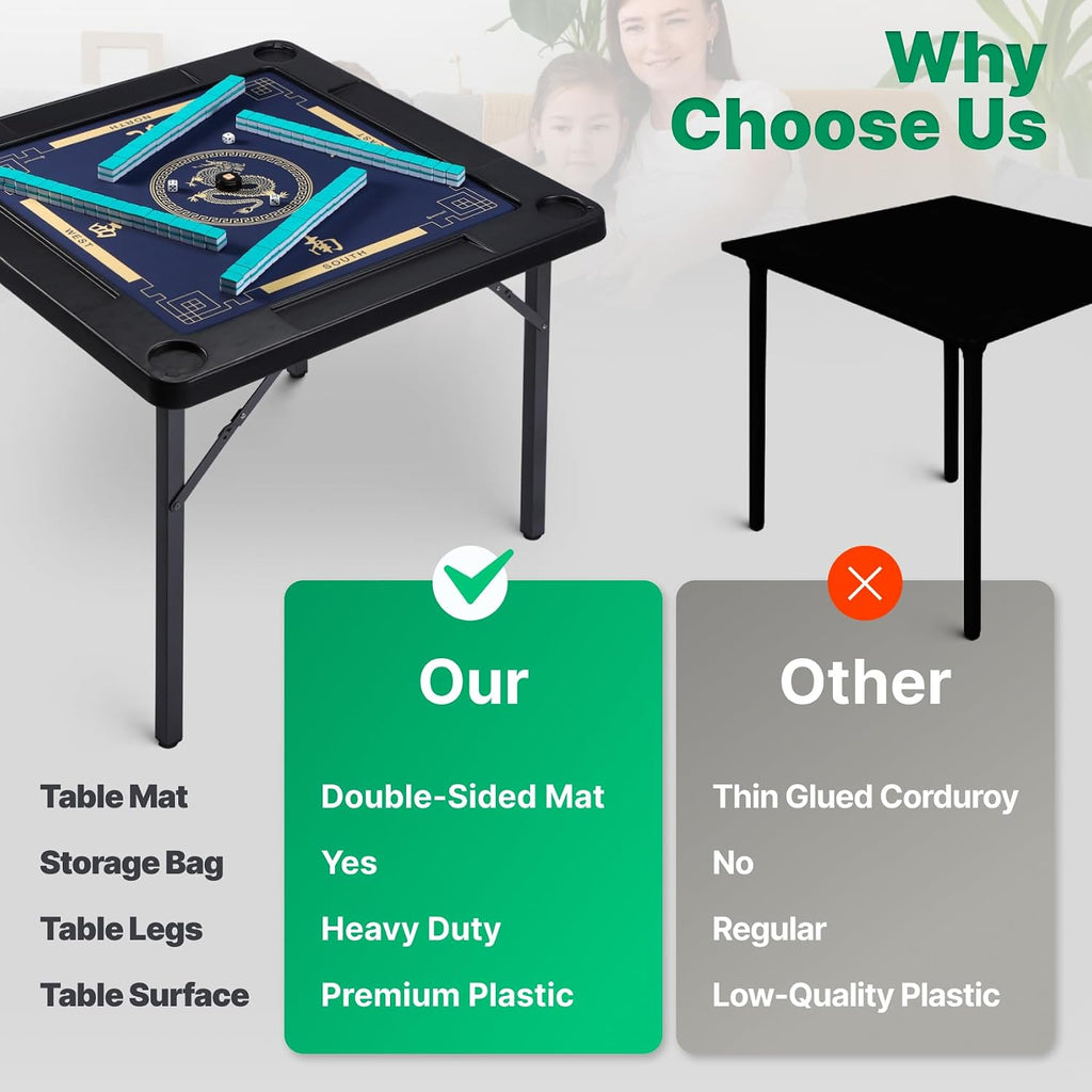 Queensell 35' Folding Game Table with Cup Holders, Domino and Mahjong Table with Heavy-Duty Legs, Double-Sided Mat and Storage Bag