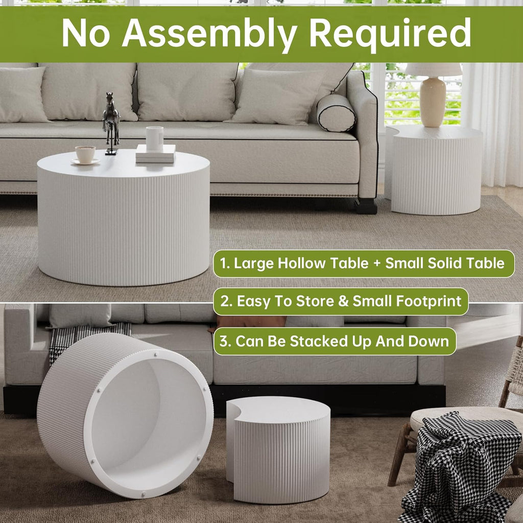 Round Nesting Coffee Table Modern White Fluted Coffee Table Set of 2 for Living Room Circle Drum Coffee Tables Round Nesting Tables Crescent Side Accent End Table for Small Space (White A 27in)