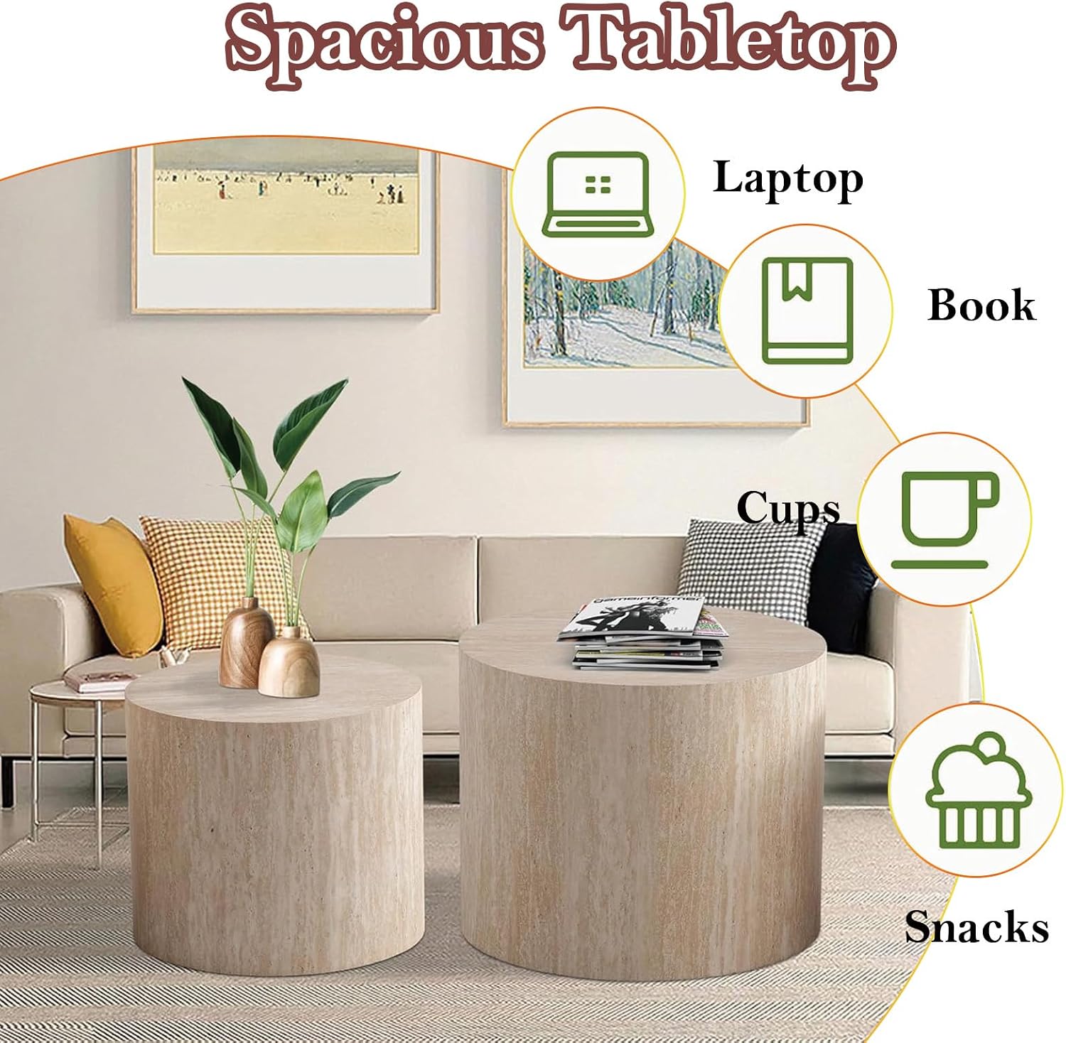 Stylish Nesting Coffee Table Set of 2, Elegant Chic Round Wooden Center Table - Smooth Finish & Easy to Clean, No Assemble Needed (E-18.1+14.6in)