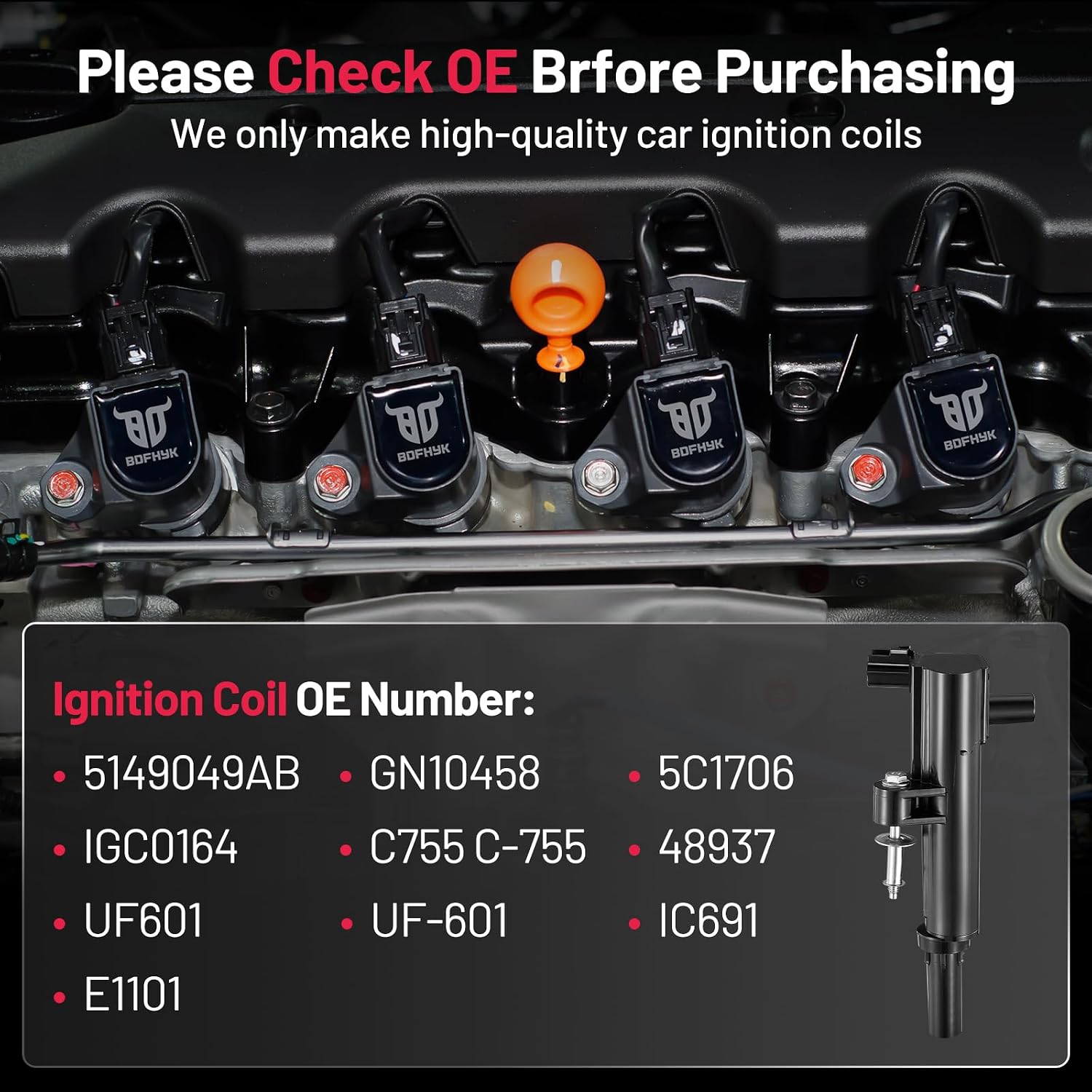 BDFHYK Ignition Coil Pack Set of 8 Compatible with Jeep 08-10 Commander Grand Cherokee, Compatible with Dodge Ram 1500 Dakota 08-09 Durango, Aspen 4.7L V8 Replacement for UF601 IGC0164 5149049AB