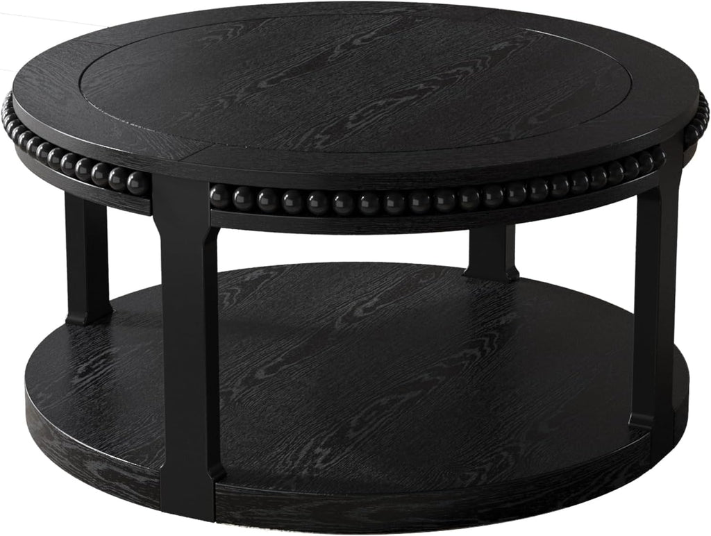 31.5'' Round Coffee Table, 2-Tier Modern Rustic Wood Circle Coffee Table for Living Room, Easy Assembly, Black