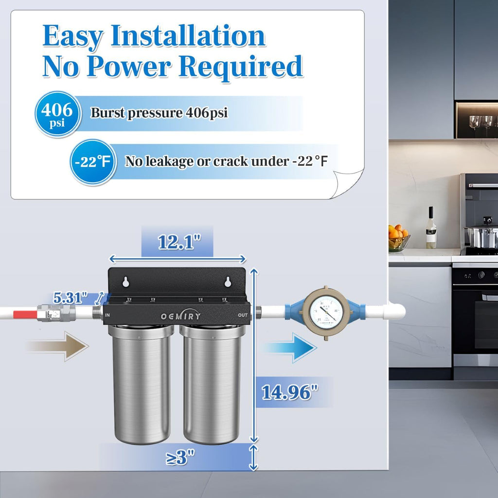 Whole House Water Filter, Stainless Steel Filter Housing, 2-Stage 10'x4.5' Sediment Carbon Filter Pre-Filtration System for Well or City Water, 1' or 3/4' NPT Port, 2 Filters