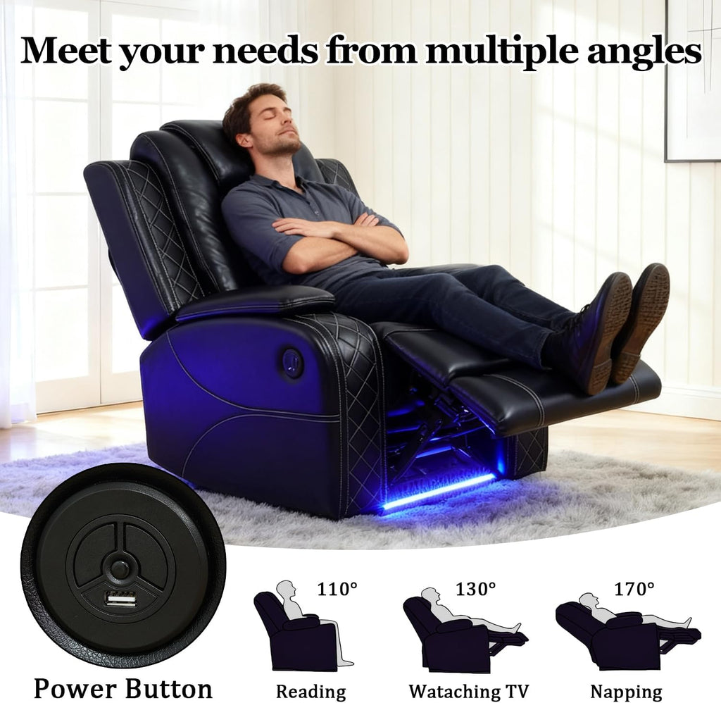 Power Leather Recliner Sofa with LED Lights, Power Single Reclining Chair, Single Leather Sofa Chair with Arm Storage for Living Room/Home Theater(Black,1 Seater)