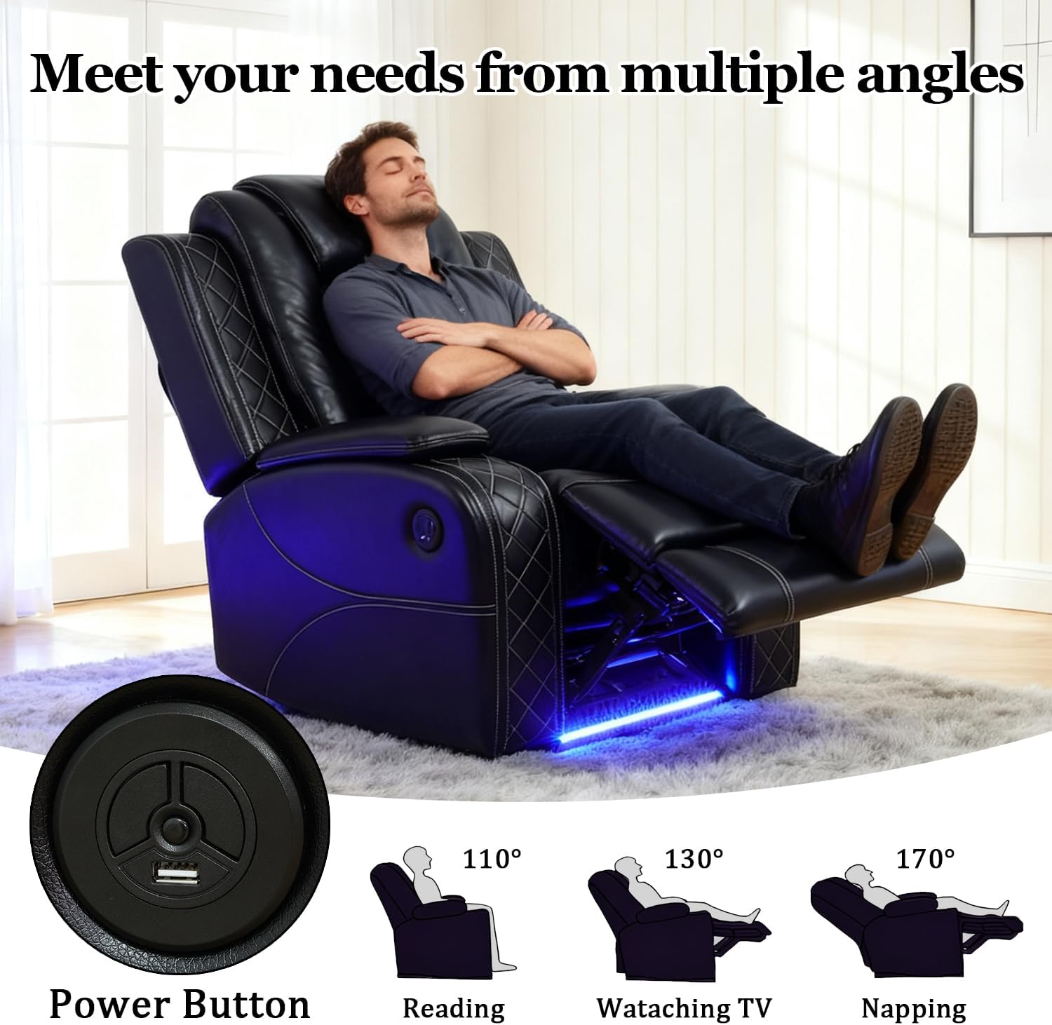 Power Leather Recliner Sofa with LED Lights, Power Single Reclining Chair, Single Leather Sofa Chair with Arm Storage for Living Room/Home Theater(Black,1 Seater)