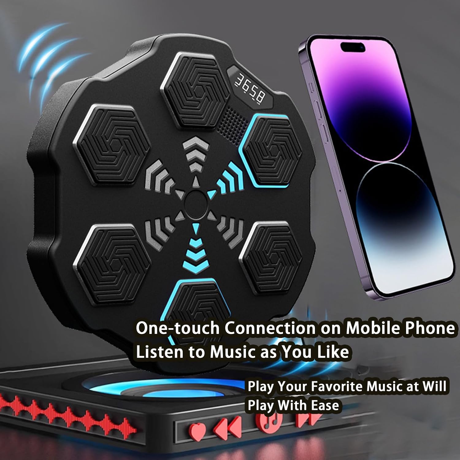 Music Boxing Machine,Interactive Boxing Target with LED Display and Gloves,Wall Mounted Punching Pad with Adjustable Height for Home,Black,Red Gloves