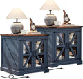 Farmhouse End Table Set of 2 with Charging Station, 24' Large Sofa Side Table with Glass Barn Door, Night Stand with Adjustable Shelf, Wood Nightstand, Square Bed Side Table for Living Room,Bedroom