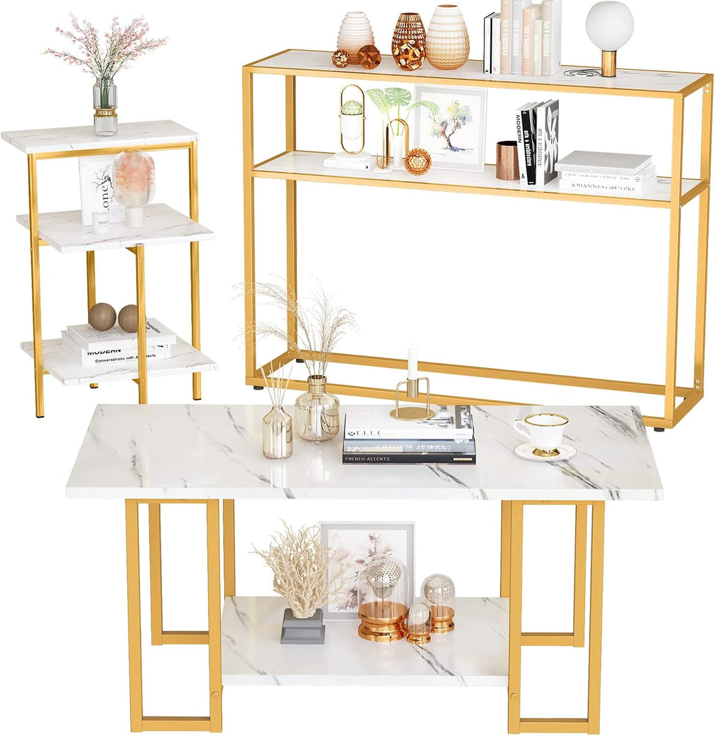 Lamerge Marble Coffee Table Set - 3 Piece Living Room Table Set with Metal Frame, Gold+White