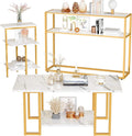 Lamerge Marble Coffee Table Set - 3 Piece Living Room Table Set with Metal Frame, Gold+White
