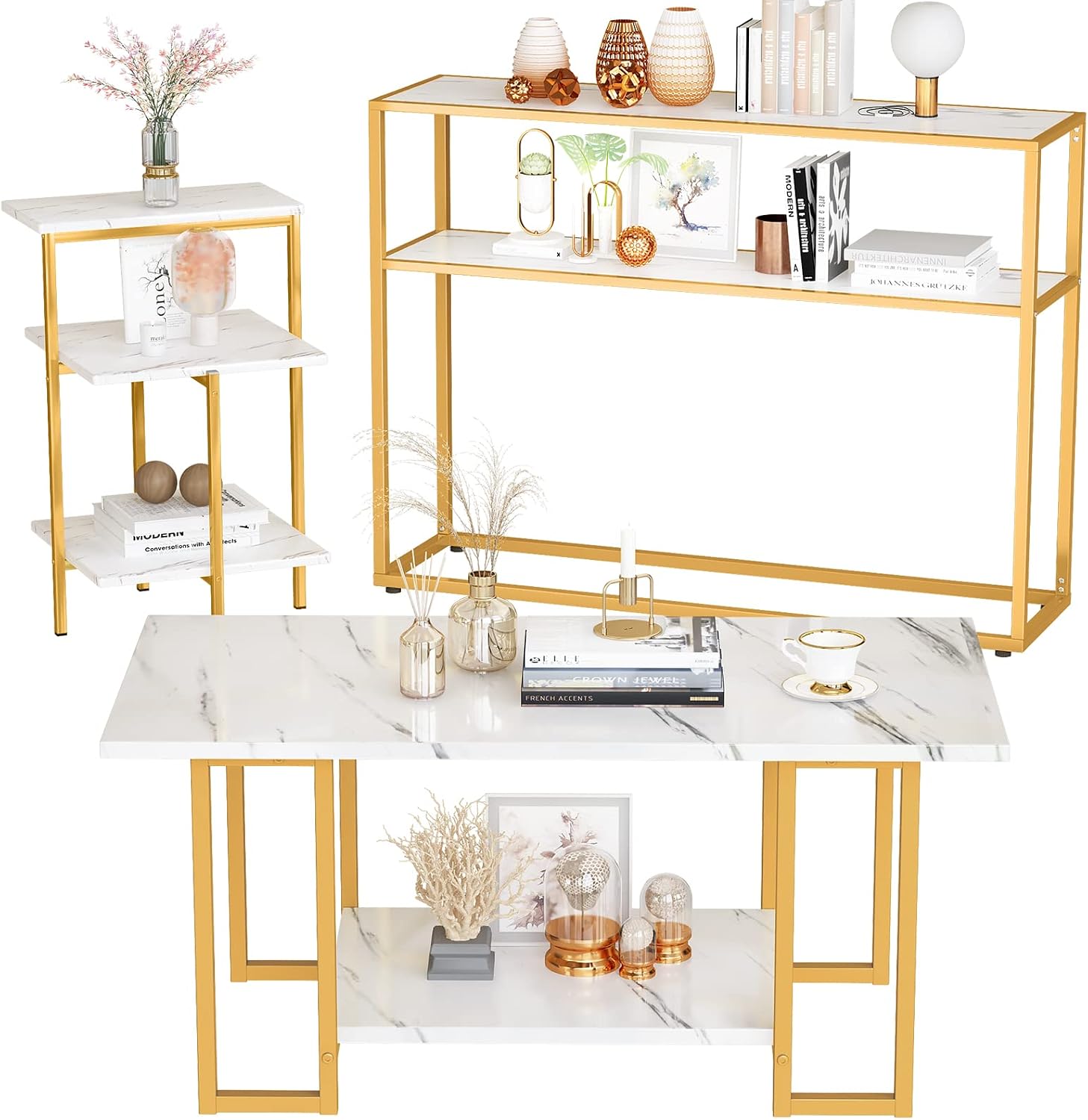 Lamerge Marble Coffee Table Set - 3 Piece Living Room Table Set with Metal Frame, Gold+White