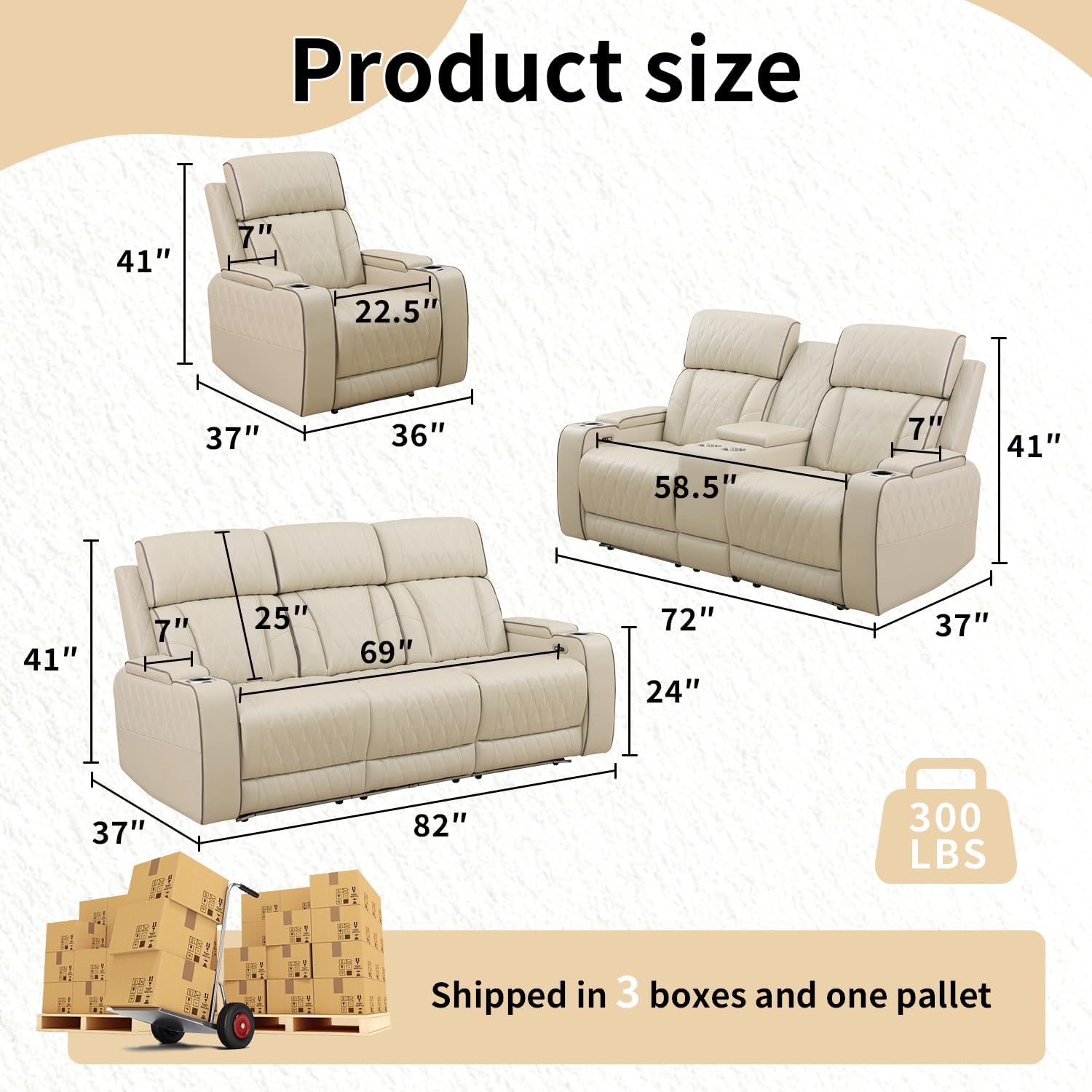 Power Recliner Sofa Set with LED Lights,Leather Reclining Couch with Coffee Table/Storage Console/Cup Holder,Reclining Living Room Set with 5 Recliner Seats for House(3 Piece Set,Paddy)