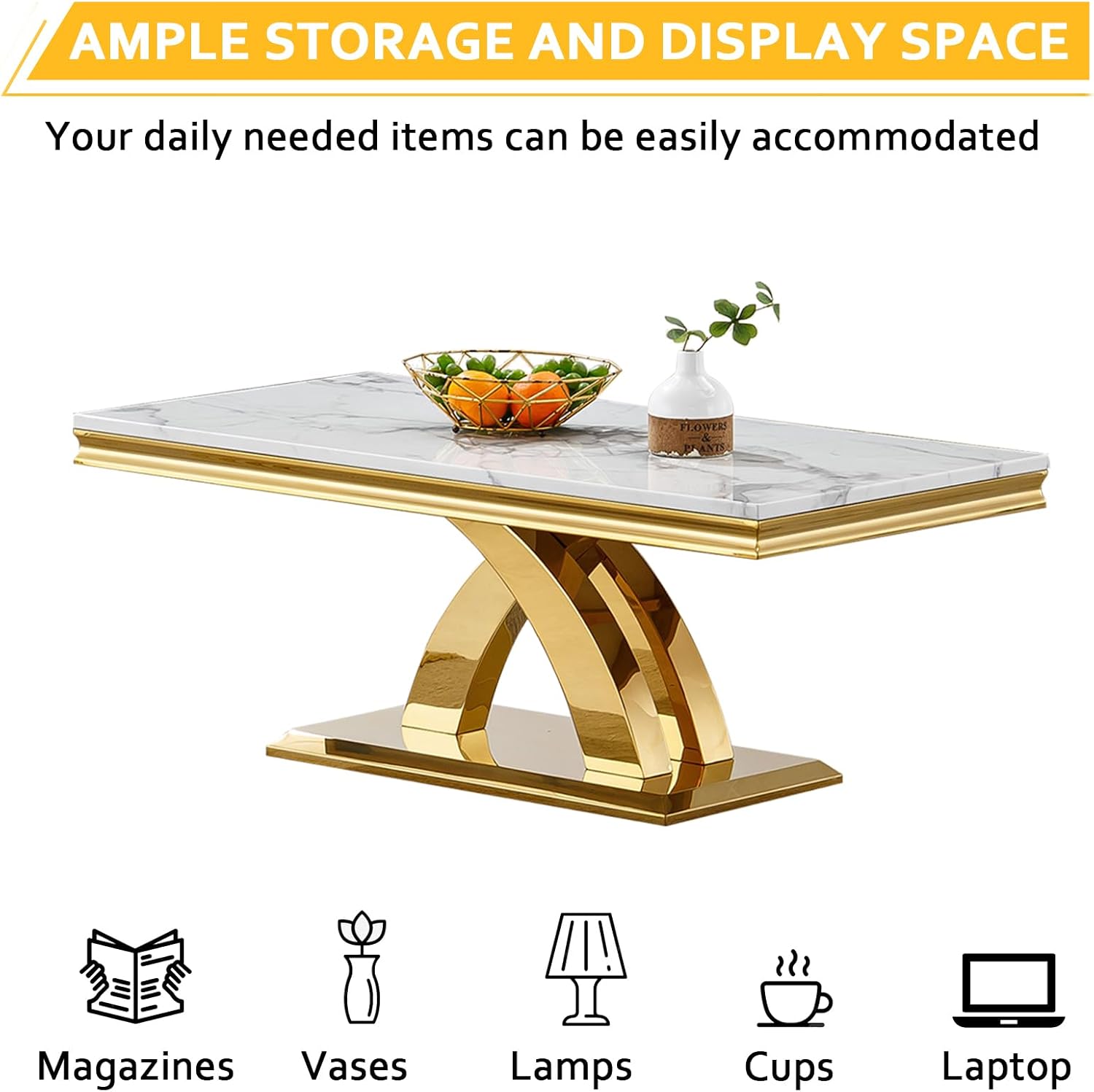 4 Pieces Living Room Table Set, Faux Marble Coffee Table Set of 4, Modern Coffee Table, Console Table and 2 End Tables with X-Shaped Stainless Steel Base for Living Room (White Gold)