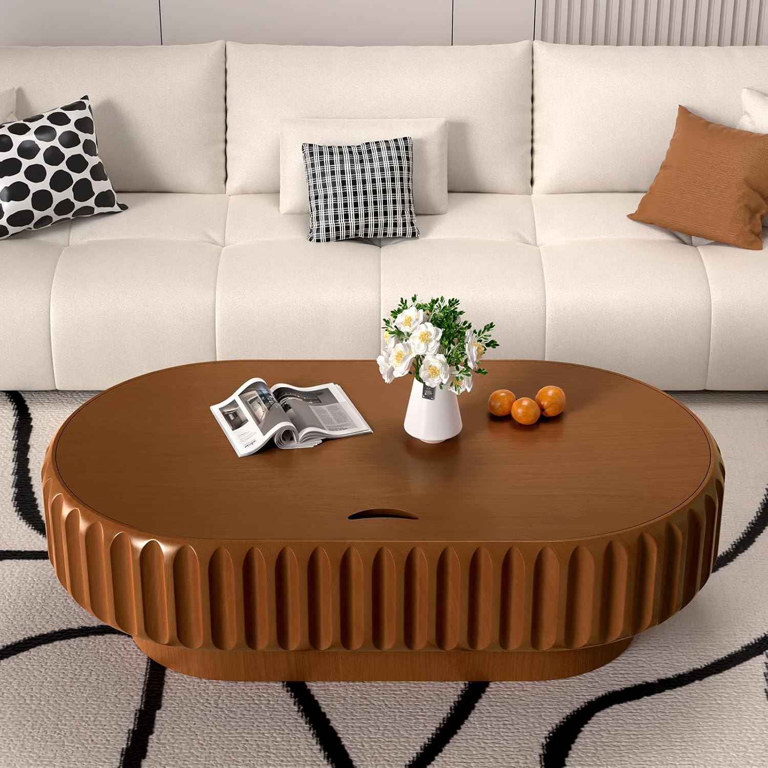 Round Drum Coffee Table White Fluted Coffee Table Circle Center Table Pedestal End Table for Apartment (43.3in)