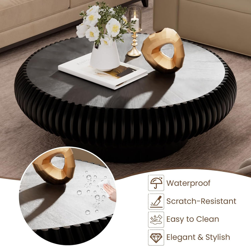 JHKZUDG Round Fluted Coffee Table 39.4'' Wood Drum Coffee Tables Contemporary Circle Accent Center Table Mid Century Side Table for Living Room, Small Space, Apartment (Black, 39.4' Coffee Table)
