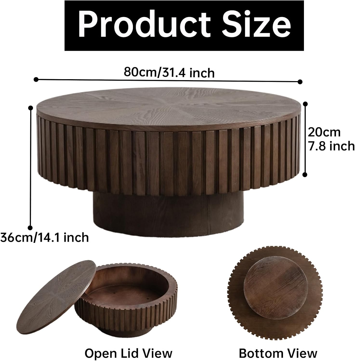 Round Coffee Table with Storage for Living Room Modern Brown Fluted Coffee Table Round Storage Drum Coffee Tables Low Circle Pedestal Center Table for Small Spaces (B Brown, 31.4 in)