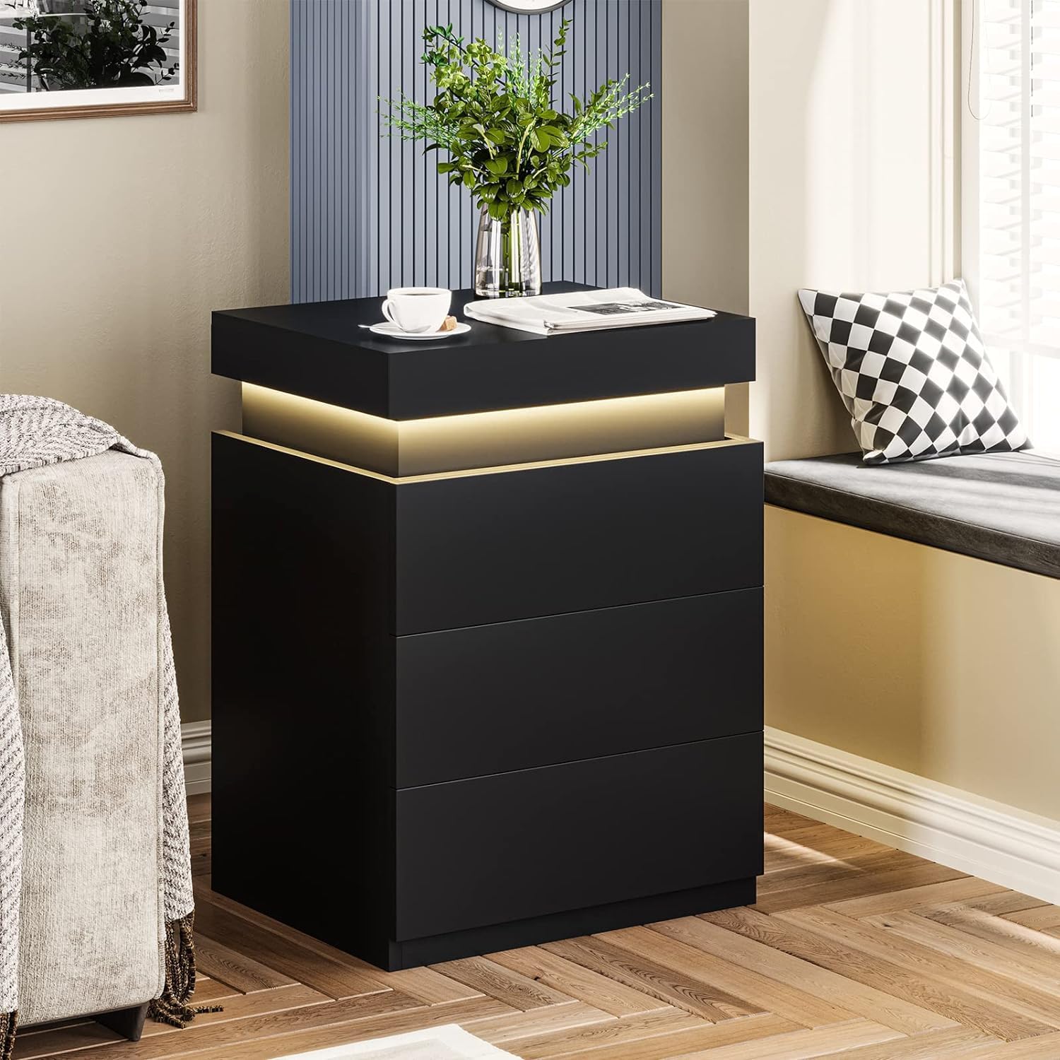 Black Nightstand with Charging Station and LED Light,27'' Tall Night Stand with Sliding Top for Bedroom, Bedside Table with 3 Drawers, Modern End Side Table for Living Room