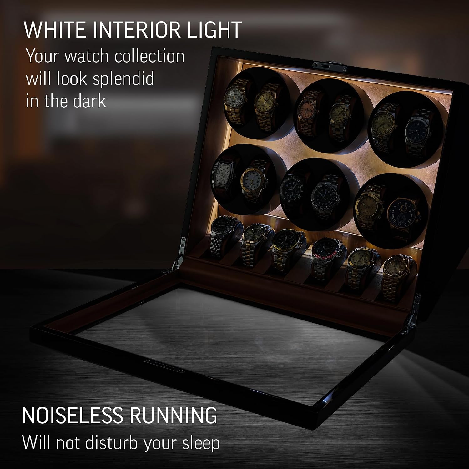 TIMECUBE 12 Watch Winder with 6 Storage Slots, LED Light and Automatic Motor-Stop