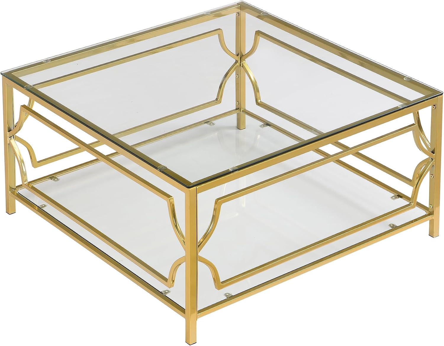 33.5'' Tempered Glass Square Coffee Table for Living Room, 2-Tier Modern Coffee Table, Mirror Tabletop & Metal Base, Easy Assembly, Transparent & Gold