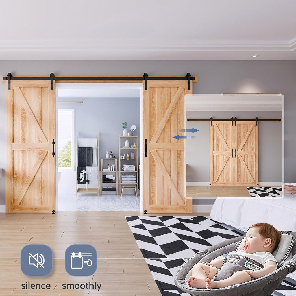 EaseLife 10 FT Double Sliding Barn Door Track and Handle Hardware Kit,Basic J Pulley,Slide Smoothly Quietly,Easy Install (10FT Track Kit for 27'~30' Wide Double Door)