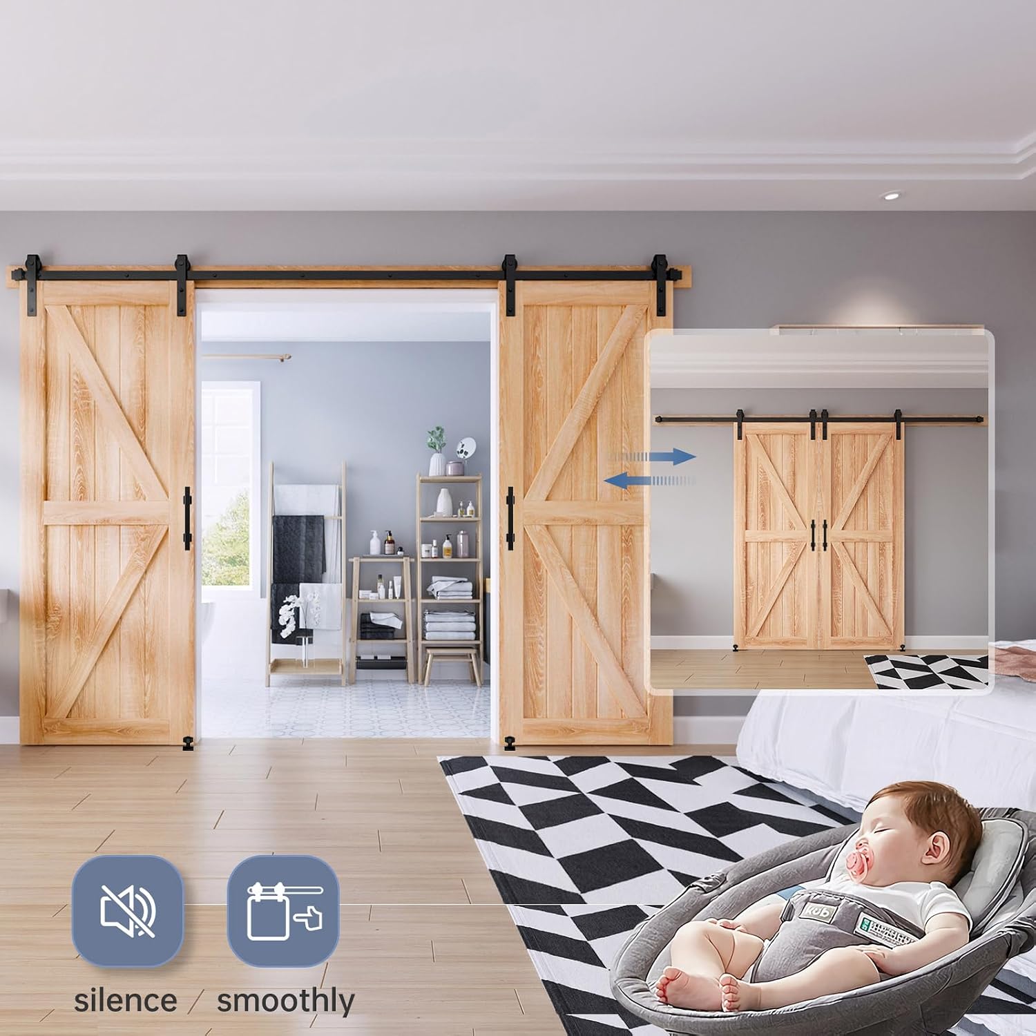 EaseLife 10 FT Double Sliding Barn Door Track and Handle Hardware Kit,Basic J Pulley,Slide Smoothly Quietly,Easy Install (10FT Track Kit for 27'~30' Wide Double Door)