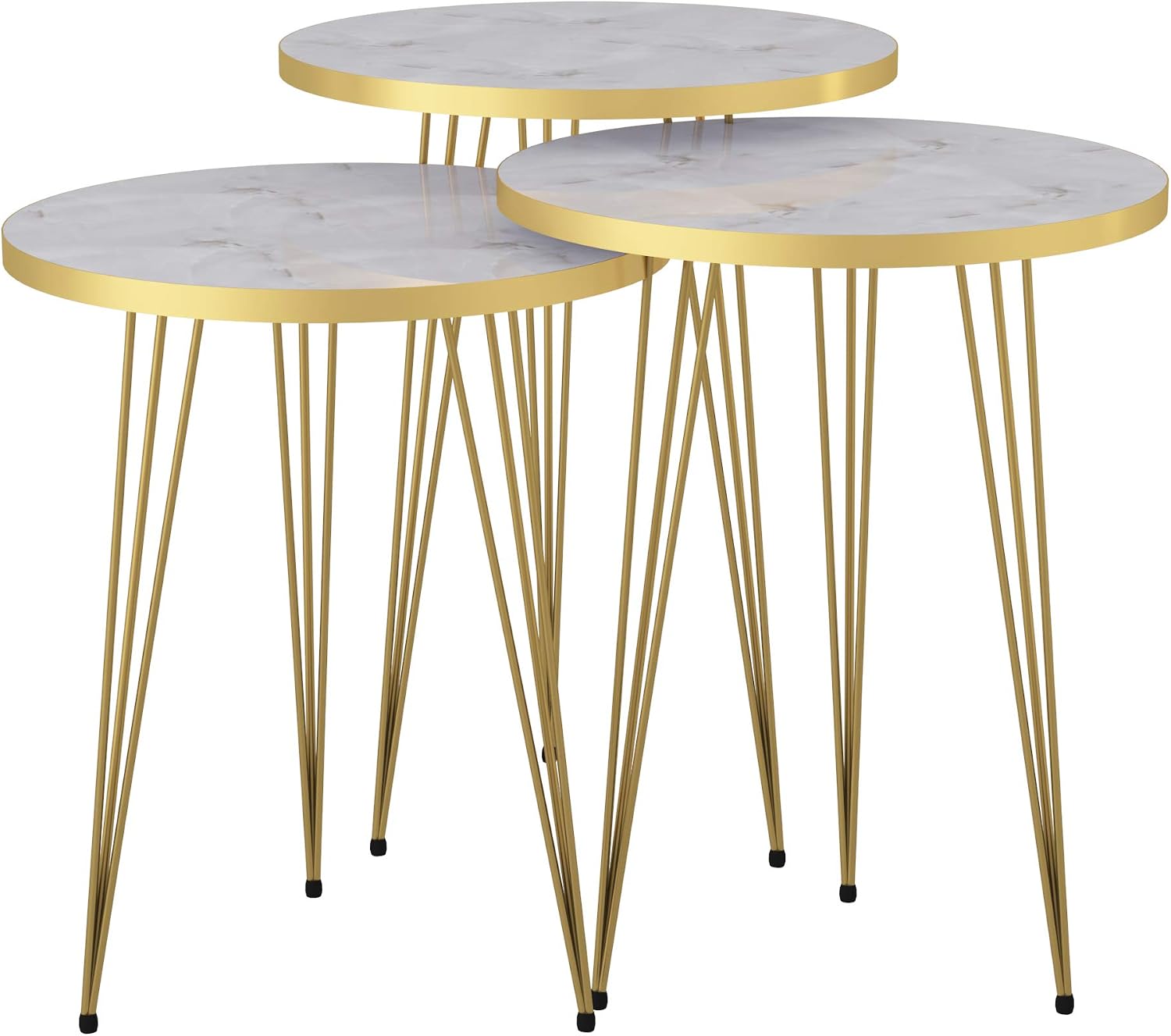 Set of 3 High Gloss White Marble Gold Legs Nesting End Tables Round Wood Stacking Coffee Side Accent Table with Metal Legs for Living Room, Home Office, Nightstands for Bedroom