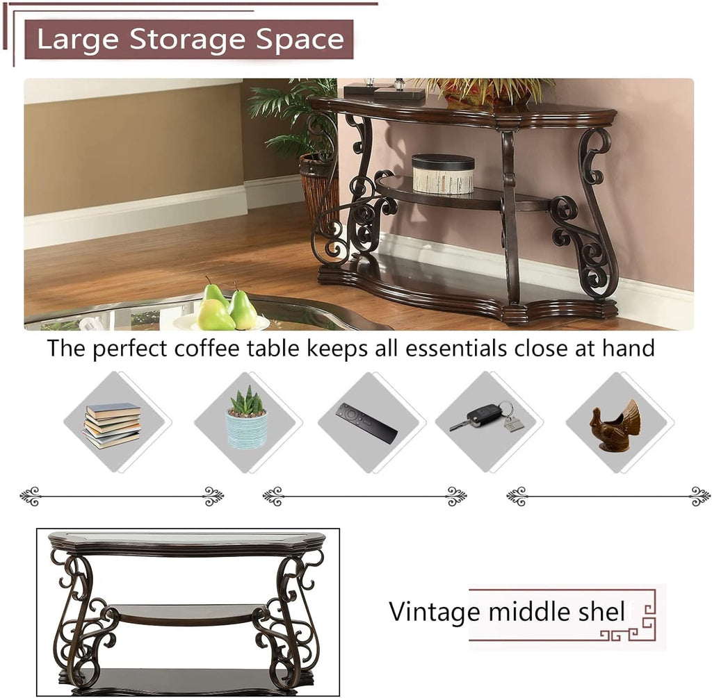 2 Piece Retro Coffee Table Set, Mid Century Modern Living Room Table Set, Traditional 3-Tier Coffee Table and Console Table with Tempered Glass Top & Storage Shelf for Living Room Home Office