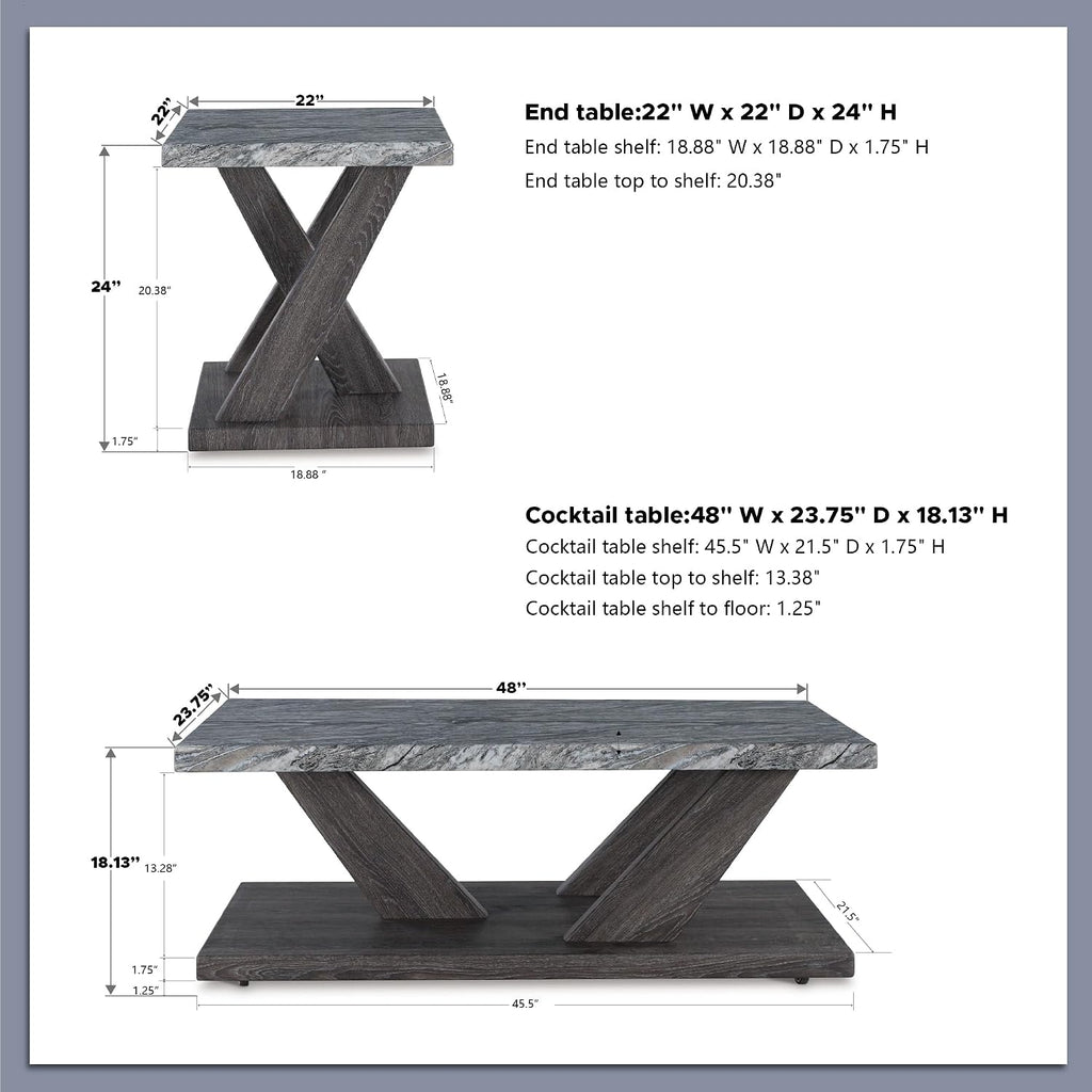 Signature Design by Ashley Bensonale Contemporary Occasional Table Set with Faux Marble Top and Casters, Set of 3, Gray & Dark Brown