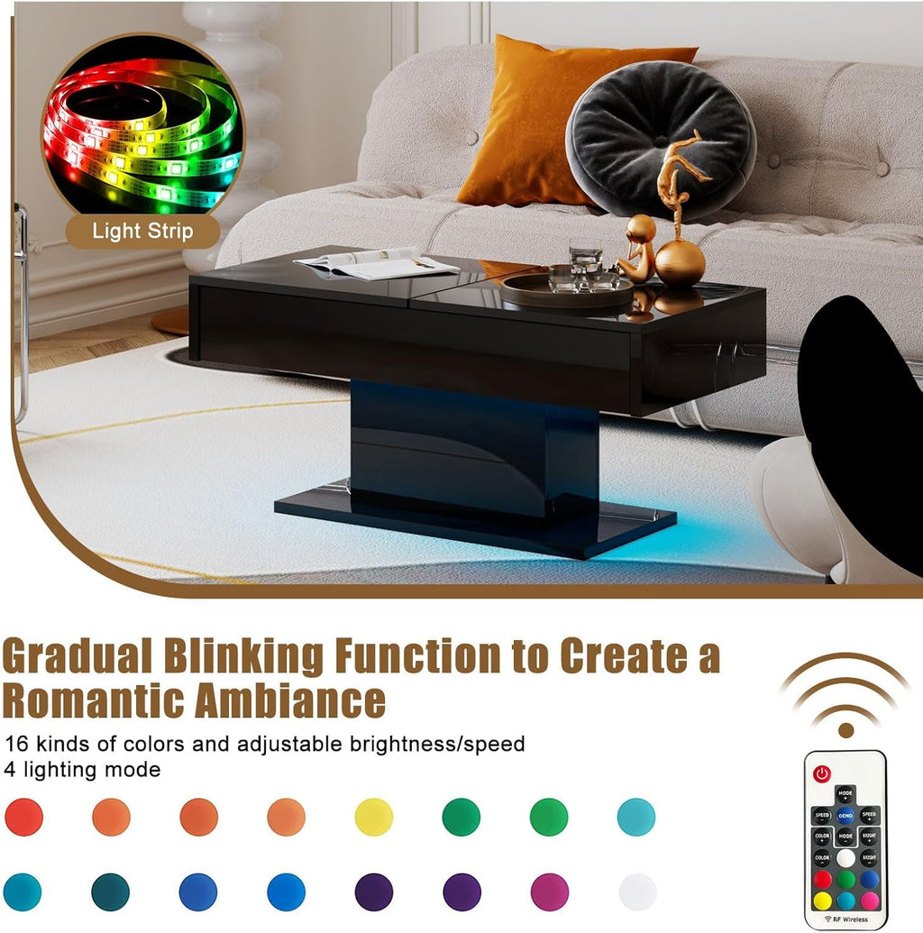 HedoAjim Black LED Coffee Table with Storage for Living Room, Living Room Table Rectangular Center Table, Modern High Glossy Wooden Coffee Tables for Dining Reception Room