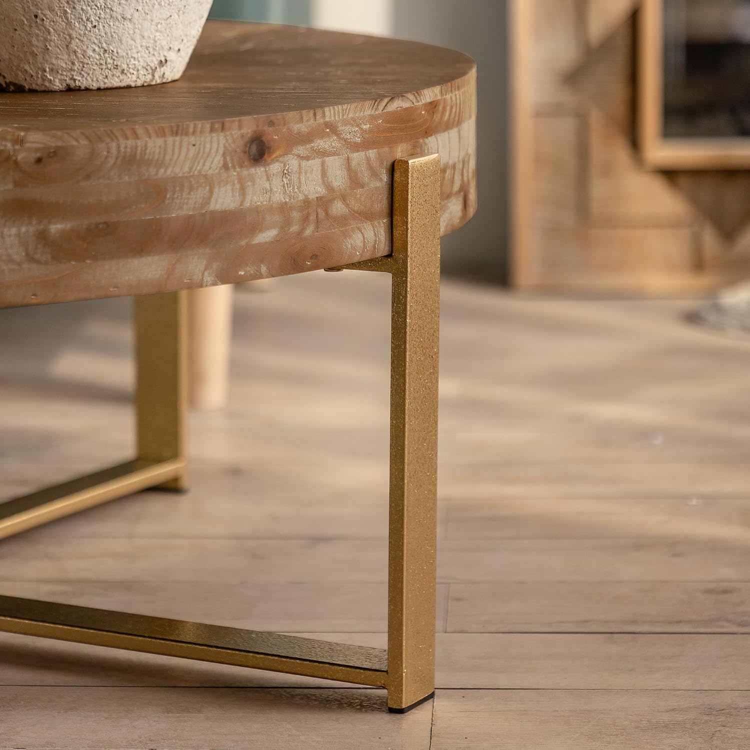 Setawix Farmhouse Round Coffee Table for Living Room, 31.29' Small Side End Table, Wood Retro Splicing Coffee Table, Modern Accent Coffee Table Entry Way Table with Gold Metal Cross Leg
